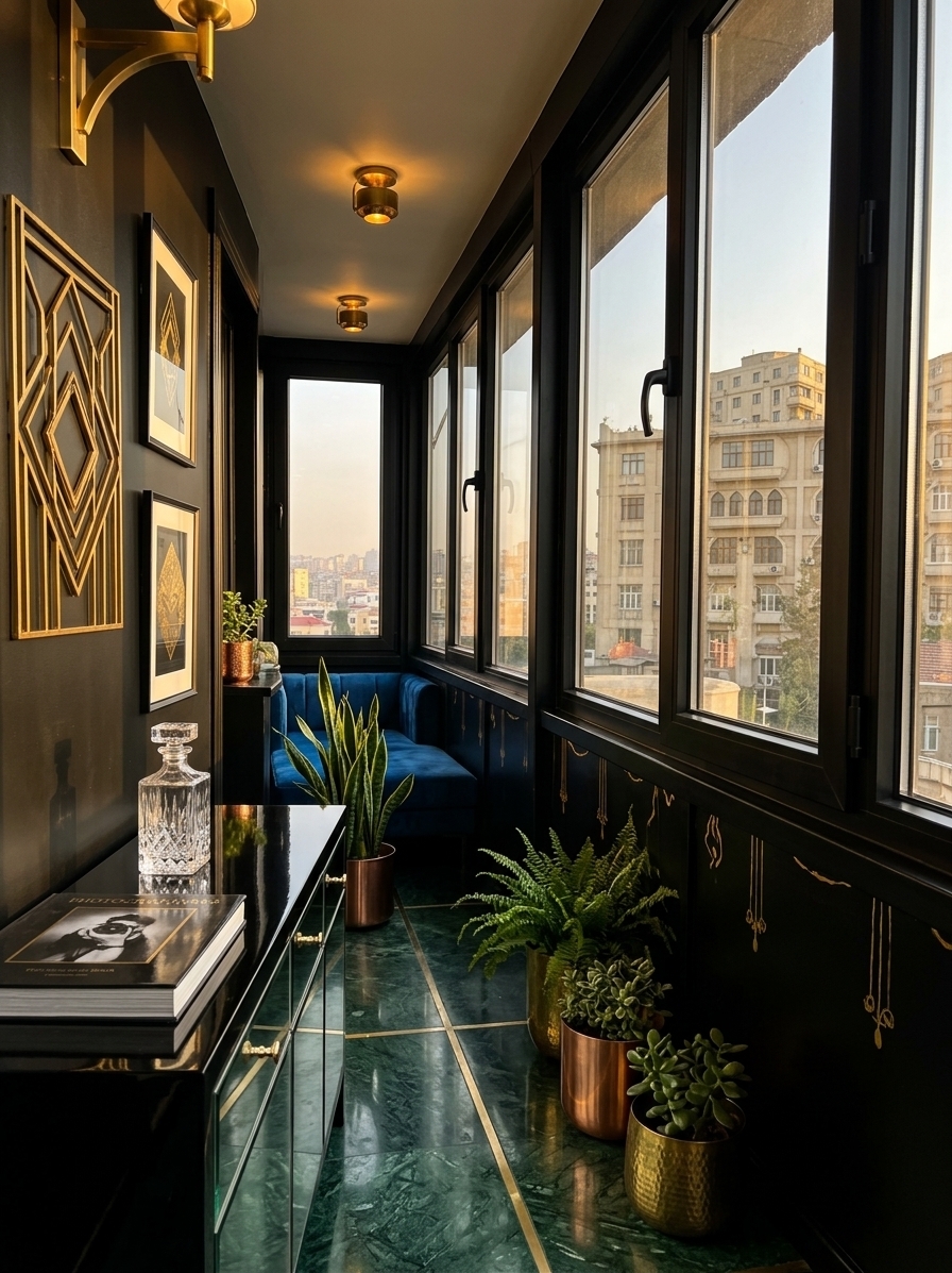 An incredibly lifelike, richly detailed, photorealistic wide-angle interior shot of a transformed luxurious attic sunroom lounge set in a high-end urban penthouse penthouse. The scene is illuminated by the dramatic golden light of a late afternoon sunset filtering through clean, expansive multi-pane windows, supplemented by the warm glow of integrated brass sconces, creating an opulent and moody atmosphere. Captured with a Hasselblad H6D-100c and a 24mm prime lens, emphasizing the high-gloss lacquer finish of the black cabinetry, the shimmering gold geometric accents, and the rich textures of velvet and polished marble, this space epitomizes pure Art Deco glamour. The narrow, linear layout has been reimagined with absolute symmetry and streamlined elegance; the left wall, once drab, features a bold matte-black finish adorned with gilded geometric wall art and framed graphic prints in shades of black, gold, and deep jewel tones. Below, a sleek, black-lacquered console with mirrored drawer fronts holds a curated selection of art deco-inspired decor, including a faceted crystal decanter and an open, heavy-bound photography book. The floor is laid with polished emerald-green marble tiles accented by inlaid brass lines, stretching towards a cozy reading nook at the far end where a plush, sapphire-blue velvet bench sits. Along the windows, which now feature sophisticated black steel frames, a collection of organic, leafy indoor plants like snake plants and elegant ferns in gleaming copper and brass planters catch the golden sunlight, creating a stunning contrast against the dark, moody interiors and the sprawling, hazy city view outside.