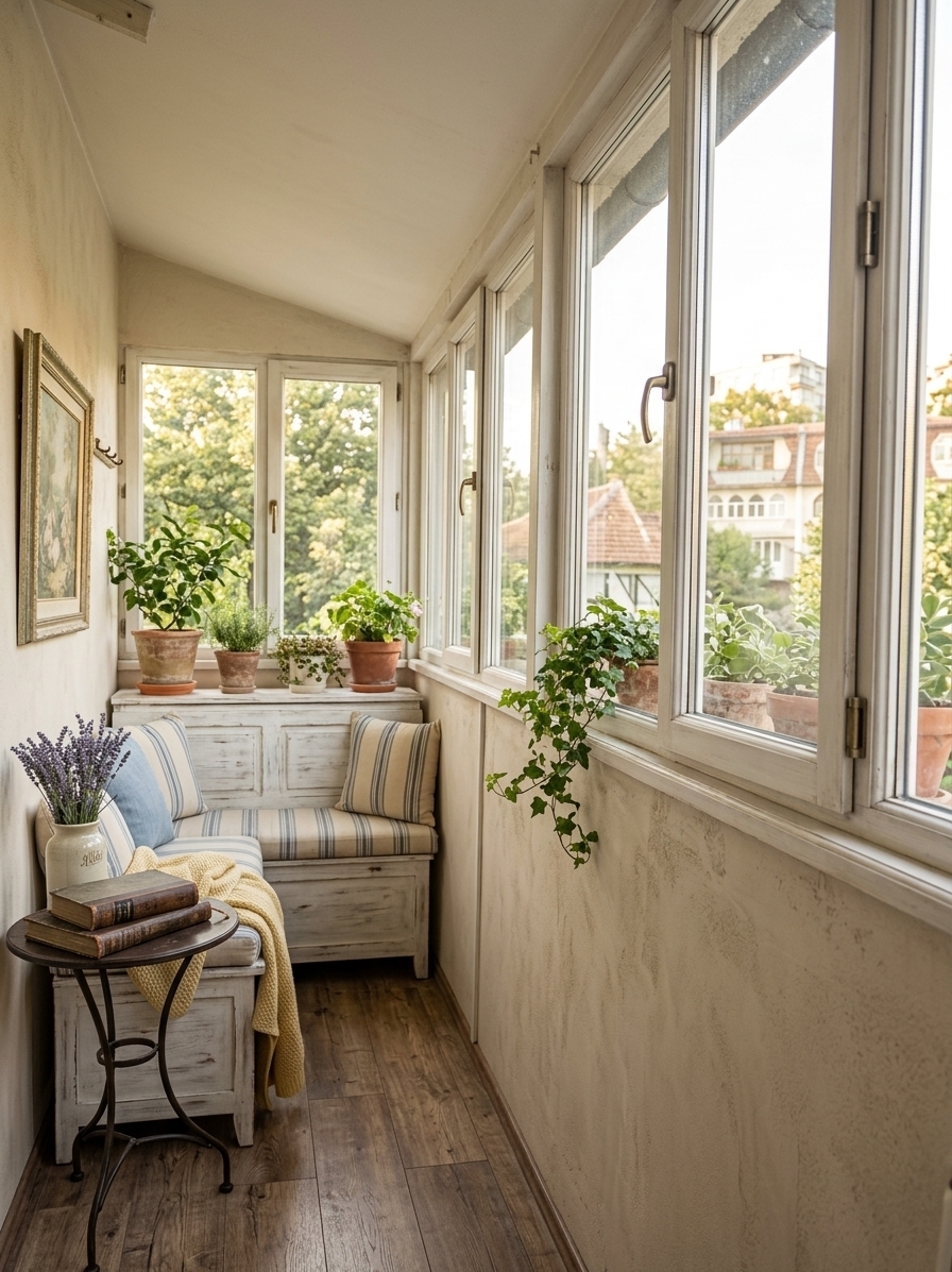 An incredibly lifelike, richly detailed, photorealistic wide-angle interior shot of a transformed attic sunroom imbued with French country charm, set in a peaceful, cottage-inspired upper-story alcove. The scene is illuminated by soft, golden morning light filtering through expansive panes of newly cleaned windows, creating a warm, cozy, and romantic atmosphere. Captured with a professional medium-format camera and a wide-angle lens, emphasizing the weathered wood grains, delicate linen weaves, and the fresh greenery of indoor plants, this space is beautifully reborn from its cluttered past. The narrow layout is harmoniously composed, featuring a distressed, white-painted wooden bench tucked neatly against the far wall and adorned with soft French-blue and cream-striped upholstered cushions. Beside it sits a small, elegant wrought-iron bistro table with lovingly arranged surfaces displaying a stack of antique photography books, a ceramic vase of lavender, and a soft yellow knit throw draped over the armrest. On the left wall—now a textured plaster painted in a soothing warm neutral cream—hangs a beautifully framed piece of pastoral wall art showing a rustic countryside scene. Lush indoor plants, including trailing ivy in aged terracotta pots, rest along the windowsill, while the spotless windows frame an inviting, leafy outdoor view of treetops bathing in the early daylight, perfecting the balanced, human-scale feel of this serene, provincial retreat.