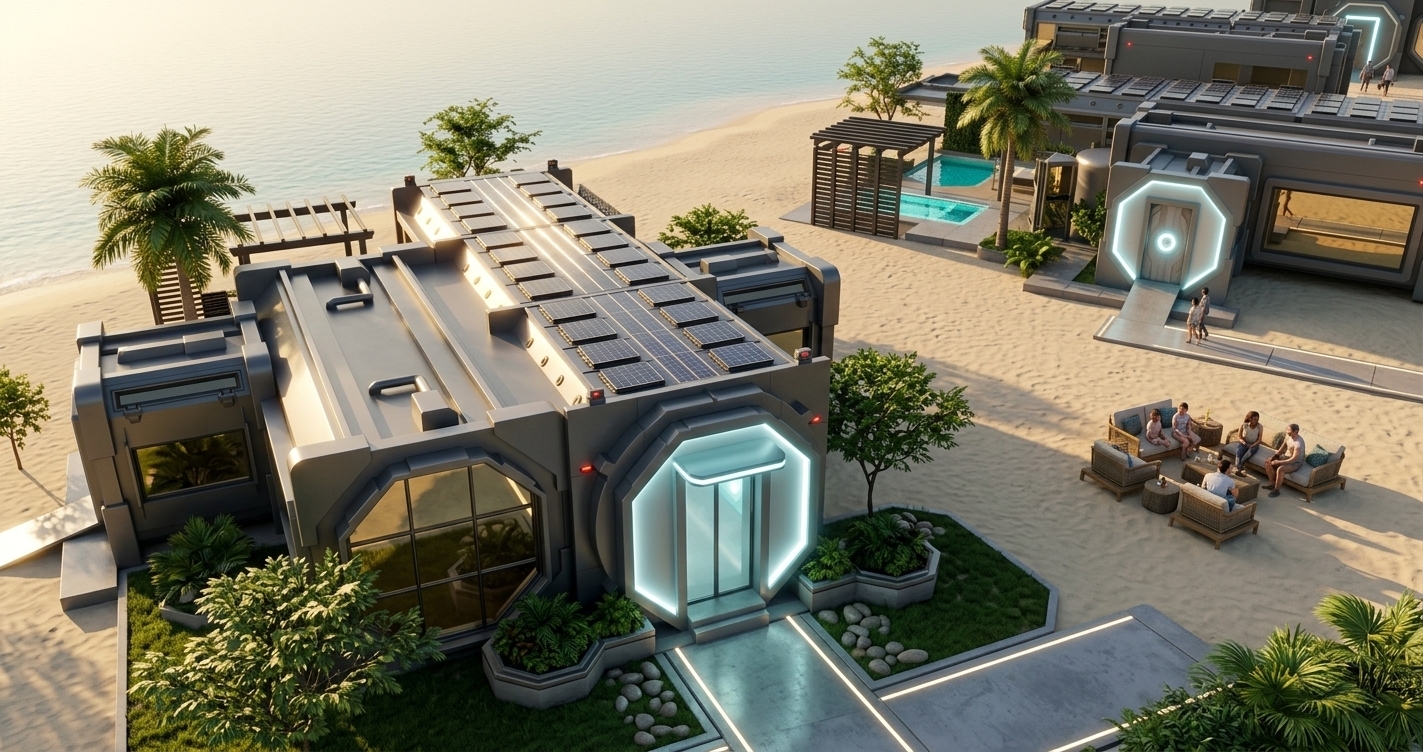 An incredibly lifelike, richly detailed, photorealistic wide-angle architectural shot of a state-of-the-art modular villa set in a pristine bayfront tropical environment. The scene is illuminated by the warm, golden hues of a late-afternoon sun, creating a serene, inviting, and futuristic oasis atmosphere. Captured with a 24mm tilt-shift lens, emphasizing the sleek textures of matte-finished gunmetal gray panels, reflective octagonal structural glazing, and natural organic elements. A polished concrete walkway leads to the villa's prominent, glowing hexagonal entrance portal, flanked by lush green tropical shrubs, manicured grass patches inset with smooth river stones, and tall, swaying palm and beach trees. In the background, the villa's private seaside courtyard features a sparkling turquoise plunge pool nestled beneath a minimalist dark metal pergola deck, transitioning seamlessly onto a soft sandy beach where a family is seated in comfortable low-profile outdoor loungers, enjoying the peaceful ocean view of this techno wonderland.