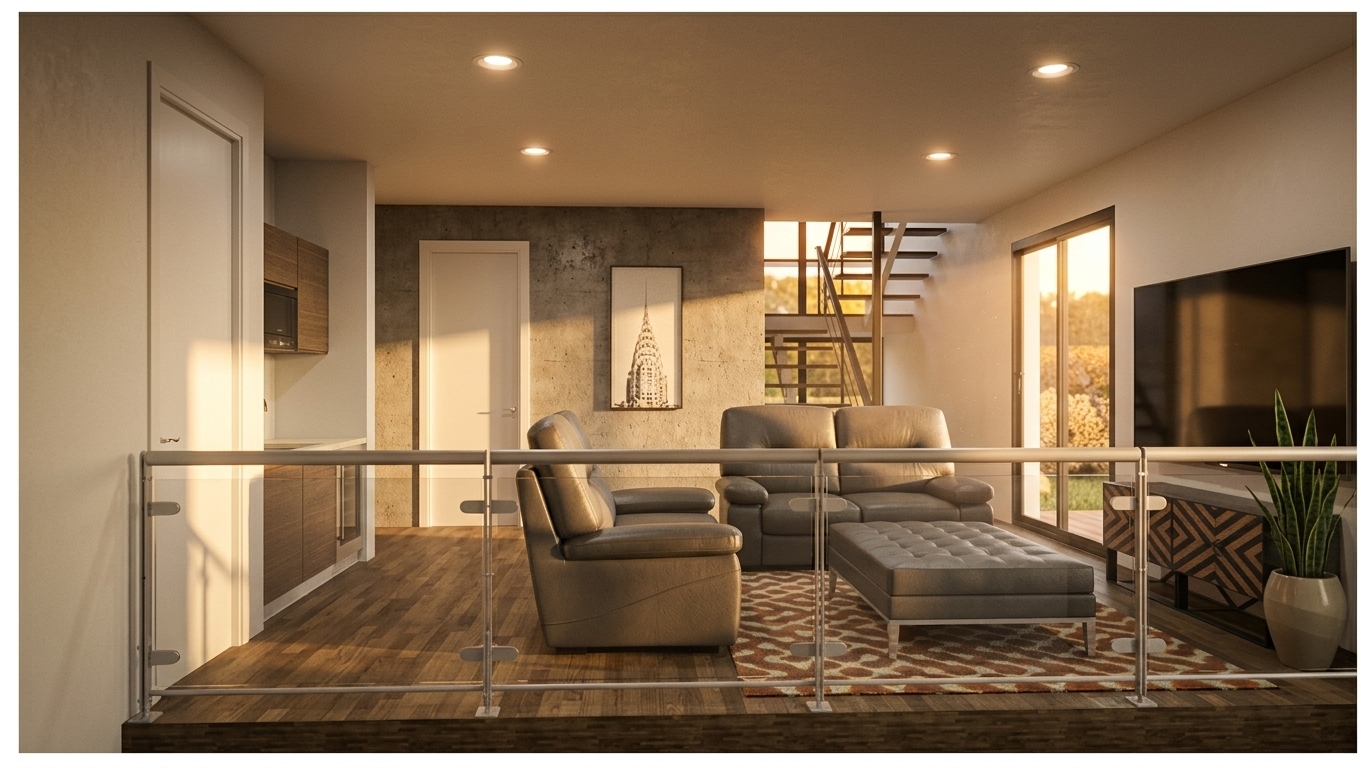 A professionally shot photograph of a modern open-plan living room during a warm spring sunset, maintaining the exact layout, geometry, and camera perspective of the original scene. The warm, golden-hour light of the setting sun streams in through the glass sliding doors, casting long, soft-edged shadows across the room and bathing the interior in a rich, amber hue. The dark grey leather sofas feature realistic material physics with a subtle semi-matte sheen, fine micro-textures, and natural creasing on the cushions. The textured concrete accent wall in the background is detailed with realistic tactile imperfections and raw concrete grain under the soft light. In the foreground, the clean glass railing shows faint, natural reflections and delicate specular highlights. The satin-finished wooden floorboards run horizontally, catching the warm sunset glow with realistically rendered plank variation and grain. On the right, a potted plant with vibrant green leaves stands beside the patterned sideboard, its foliage softly catching the golden light. The overall image has the depth, subtle grain, and high dynamic range of a high-end architectural photograph, captured with a professional wide-angle lens with pin-sharp details and natural color gradients.