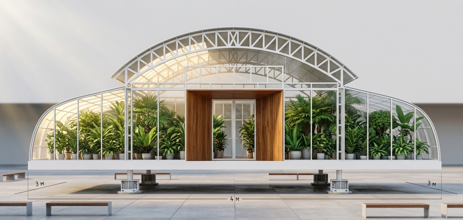 An incredibly lifelike, richly detailed, photorealistic wide-angle architectural photo of a modern fusion greenhouse workshop set in a minimalist, clean urban plaza. The scene is illuminated by soft, diffused daylight and warm golden sunbeams filtering through the semi-translucent vaulted ceiling, creating a serene, highly inspiring, and contemporary atmosphere. Captured with a professional medium-format camera and a tilt-shift lens, emphasizing the crisp geometry of the white-painted steel trusses, the rich grain of the central wooden portal, and the dense, textured layers of the interior botanical life. This modular, industrial-inspired structure floats elegantly on sleek white footing piers, showcasing a bold, open-concept design that perfectly balances clean metallic lines with warm organic elements. The central arch rises to a magnificent height, flanked symmetrically by lower curved wings, all enclosed in high-performance glass that reveals a lush sanctuary of tropical greenery, potted palms, and vibrant ferns inside. With its smooth glass surfaces, minimalist yet impactful decor, and a sophisticated color palette dominated by shades of black, white, and the vibrant greens of the foliage, this architectural gem looks as though it was captured directly for a luxury photography book showcasing cutting-edge, sustainable design.