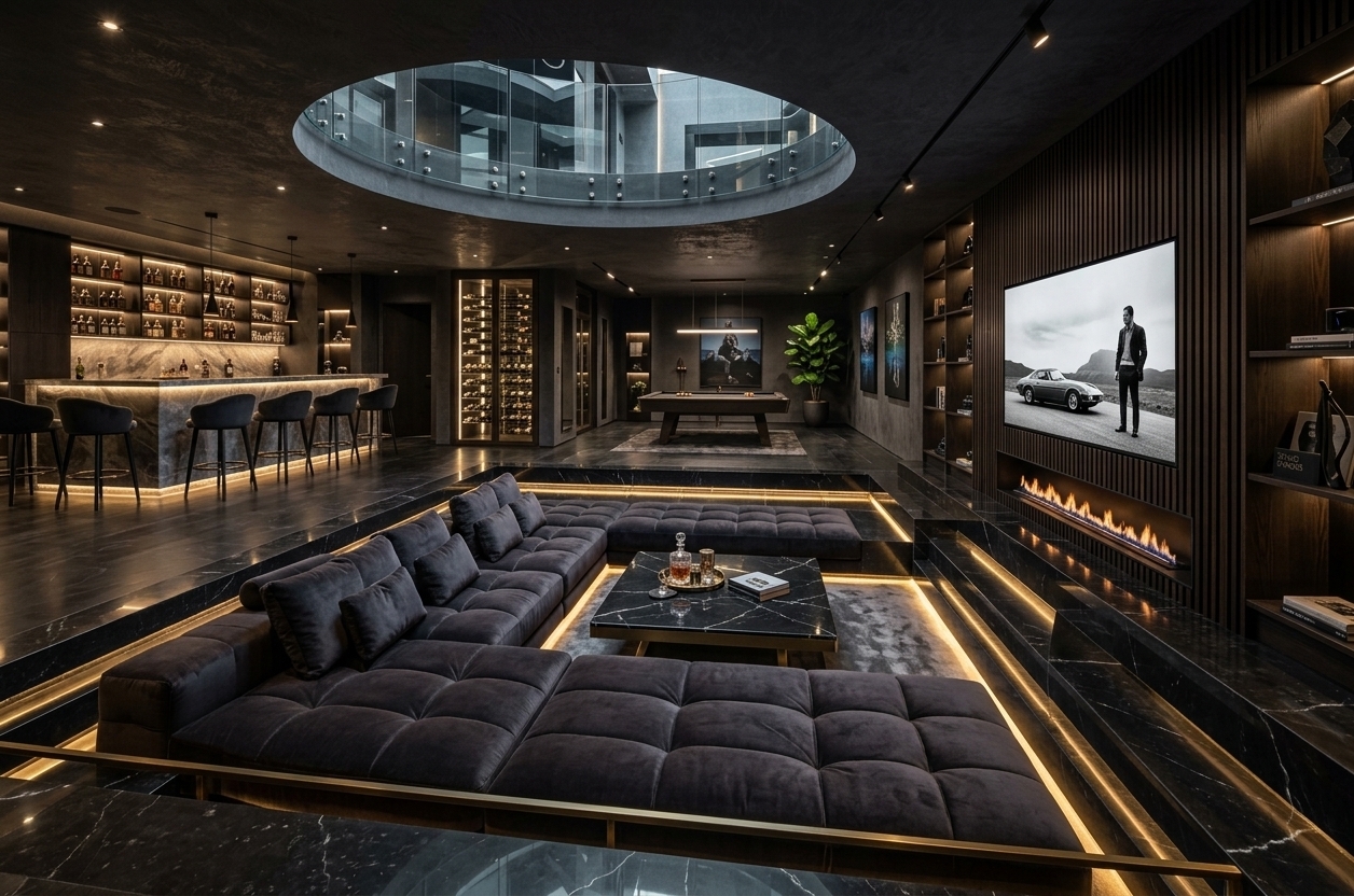 An incredibly lifelike, richly detailed, photorealistic wide-angle interior photo of a subterranean living room designed as a futuristic, dark techno wonderland set in a luxury high-end residence. The scene is illuminated by glowing ribbons of warm, golden LED underlight, a sleek linear flame fireplace, and deep ambient spotlights, creating a highly moody, immersive, and dynamic atmosphere. Captured with a professional 24mm wide-angle lens, emphasizing the rich, eclectic surfaces of polished black marble and the deep, rich textures of the modular dark velvet seating. At the center of this architectural marvel is a dramatic sunken lounge, featuring a plush, custom-modular sectional sofa arranged around a low-profile marble coffee table holding a crystal decanter. Above, a sweeping circular glass lightwell pierces the textured charcoal ceiling, hinting at a multi-tiered, innovative digital sanctuary. To the right, a massive television displaying high-contrast cinematic art is framed by elegant, dark fluted wood paneling with integrated shelves displaying curated photography books and techno-inspired decor, accented by a glowing ribbon fireplace below. In the background, the open-concept layout flows seamlessly into a backlit marble dry bar lined with sleek barstools and a pristine billiard area under minimalist lighting, balanced by a vibrant indoor potted plant that injects a touch of soft organic contrast into this ultra-luxurious, metallic, and contrasting dark-hued retreat.