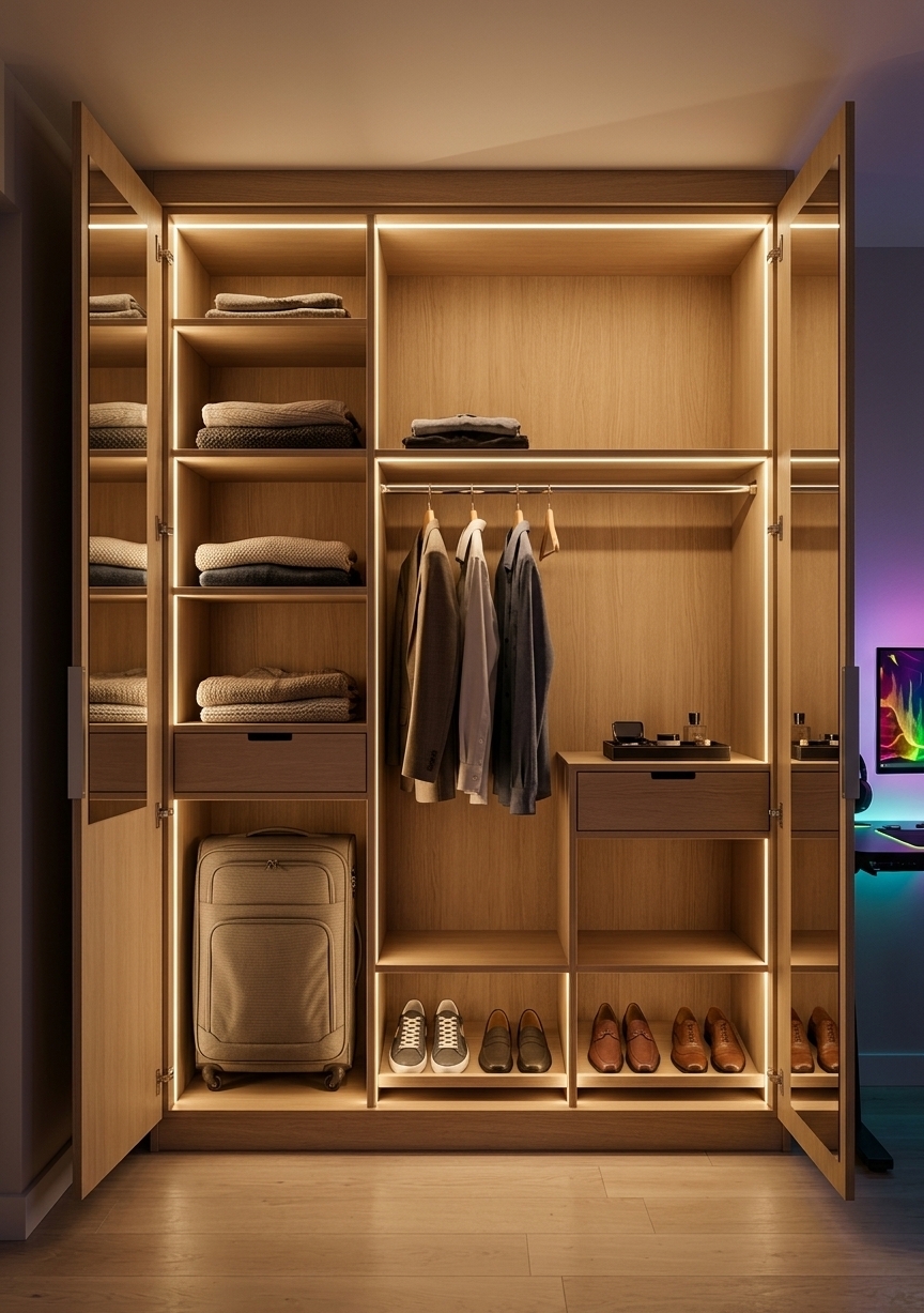 An incredibly lifelike, richly detailed, photorealistic medium-wide interior shot of an open-front, bespoke wardrobe built with contemporary elegance, set in a sophisticated gaming room. The scene is illuminated by warm, flush-mounted LED strip lights running along the inner edges of the shelves, casting a soft, luxurious glow that creates a cozy and highly organized atmosphere. Captured with a Hasselblad H6D-100c and a 35mm lens, the photograph beautifully emphasizes the fine texture of matte-finished white oak veneers, the polished chrome of the hanging rod, and the seamless, handle-less drawers. The wardrobe design features a tall left section showcasing a sequence of open storage shelves, a sleek central drawer, and a spacious bottom luggage cabinet. The center features a long hanging area holding elegant garments, positioned directly above a minimalist shoe rack. To its right, a balanced stack of a mid-level drawer, open storage, and a matching secondary shoe rack completes the symmetrical, highly functional layout. In the soft-focused background, the ambient RGB glow of a nearby high-tech gaming desk subtly reflects off the wardrobe's polished surfaces, blending clean, modern carpentry with cutting-edge gaming style.