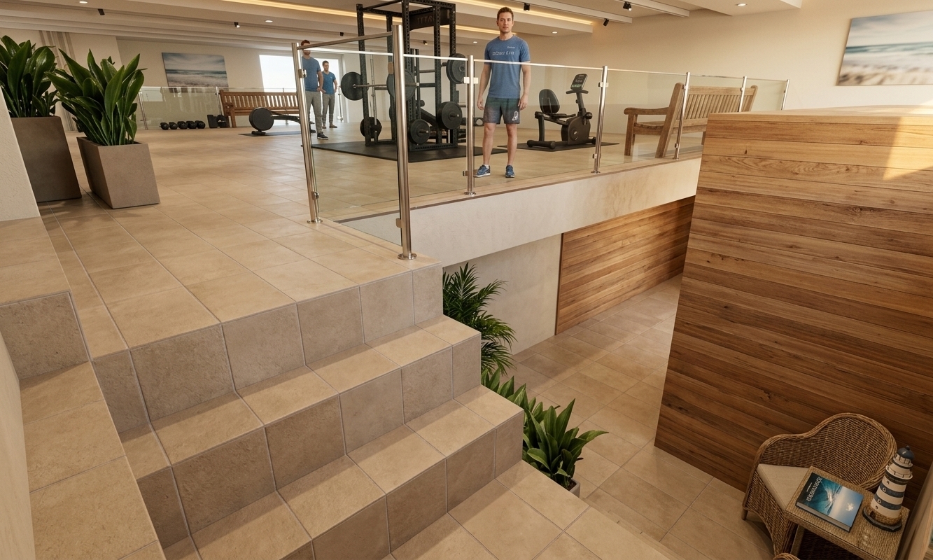 An incredibly lifelike, richly detailed, photorealistic wide-angle interior photograph of a modern multi-level residential fitness gym set in a luxurious, sun-drenched coastal estate. The scene is illuminated by a warm, golden afternoon glow and a fresh coastal breeze drifting in from unseen seaside windows, creating an airy, light, and relaxed atmosphere. Captured with a professional 24mm wide-angle lens, emphasizing the tactile matte finish of the sandy-neutral tiled steps, the crisp white structural stairs, and the organic textures of warm wooden partition walls, the space feels open and inviting. On the upper workout loft, a state-of-the-art gym features a black steel squat rack and stationary bike, contrasted in the background by a classic wooden bench and vibrant, glossy-leaved potted plants. The clean, modern look is defined by minimalist glass panel railings held by polished stainless steel posts, maintaining an uncluttered aesthetic. Below, on the lower landing, the sandy tiled floor is accented with lush green foliage, while the beachy, nautical decor—accentuated by shades of blue and white, a nearby wicker accent chair, a curated ocean photography book, and a hint of seascape wall art—softens the modern fitness space into a tranquil wellness sanctuary.