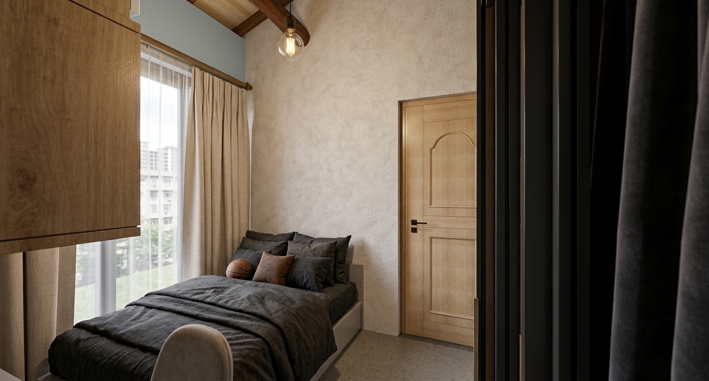 An architectural photograph of a contemporary minimalist bedroom interior captured during the warm golden hour. Soft, diffused amber sunlight streams through the large window on the left, filtering through the beige linen curtains to cast elegant, dappled light patterns across the textured plaster wall and the concrete floor. The hanging oak cabinetry on the left reveals a rich, natural matte wood grain with subtle micro-textures, while the dark charcoal linen bedding is softly rumpled with realistic fabric folds and tactile weave details. In the background, a light oak-paneled door with a contemporary black handle stands flush with the plaster wall under the warm glow of a simple pendant bulb hanging from a dark, rustic wood beam. The foreground on the right is framed by a dark, matte-charcoal folding partition, gently softened by a realistic depth of field. Shot with a professional DSLR camera, the image features balanced, high-dynamic-range exposure, natural filmic tone mapping, soft ambient occlusion in the corners, and subtle, realistic lens bloom around the light sources, resulting in a perfectly resolved, authentic photograph.
