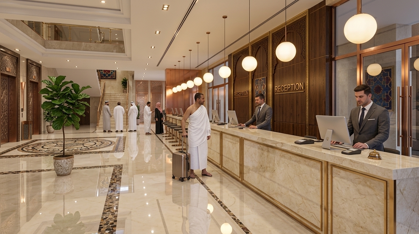 An incredibly lifelike, richly detailed, photorealistic wide-angle interior photo of a grand hotel lobby set in a luxurious Middle Eastern hotel styled with elements of Moroccan mystique. The scene is illuminated by glowing spherical pendant lights and warm recessed ceiling spots, creating a warm, exotic, and sensual atmosphere. Captured with a professional 24mm wide-angle lens, emphasizing the rich textures of carved wooden paneling, polished marble surfaces, and vibrant golden reflections, the composition leads the eye from the bustling reception area to the grand staircase in the background. In the foreground, a majestic, long reception counter clad in cream-colored marble with gleaming gold frames stretches across the space, where professional receptionists assist arriving guests, including pilgrims clad in pure white Ihram attire. The back wall is dressed in rich, dark-toned wooden paneling accented with gold, evoking an ornate Moroccan aesthetic with subtle geometric wall art in shades of deep blues, reds, and golds. Underfoot, the brilliant marble floor is polished to a mirror-like sheen, reflecting the glowing globes above and showcasing a detailed, circular geometric medallion pattern. To the left, stately elevator banks featuring intricate carved metal paneling stand next to a vibrant green indoor plant that adds life to the corner, while a grand staircase with a classic brass railing climbs toward a mezzanine, creating a beautiful contrast between modern luxury and traditional Middle Eastern cultural heritage.