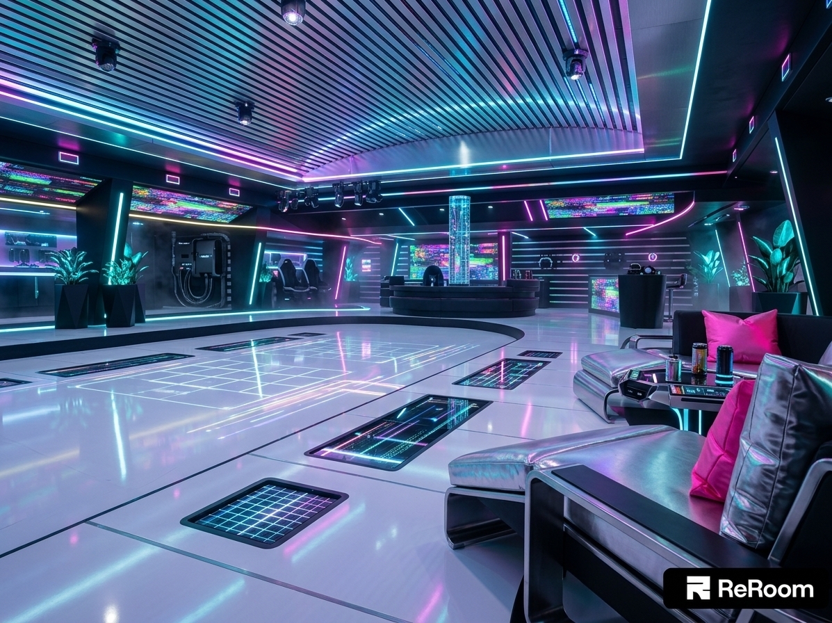 An incredibly lifelike, richly detailed, photorealistic wide-angle interior shot of a futuristic gaming room transformed into a techno wonderland, set in a spacious, subterranean entertainment lounge. The scene is illuminated by pulsating, multi-colored neon light strips and ambient holographic projections that ripple across the room, creating an immersive, playful, and high-energy atmosphere. Captured with a high-end mirrorless camera and a 16-35mm wide-angle lens, emphasizing the glossy reflections, metallic textures, and vibrant light paths that define the space. The original curved seating area is reimagined as custom modular metal and plastic chairs upholstered in metallic silver and neon-pink fabrics, arranged around slick cybernetic cocktail tables. Beneath them, the polished white floor of the central stage features interactive digital panels that track movement with glowing grid patterns. The ribbed ceiling, formerly gold, now stands out with active, programmable LED louvers shifting through spectrums of electric blue and magenta. Along the back walls, massive projection screens display hypnotic, colorful glitch art, seamlessly integrating with high-tech gaming setups and consoles integrated into matte-black futuristic pods. To soften the digital edge, tall, geometric planters house bioluminescent indoor plants that glow in soft teal, offering a surreal bio-digital touch to this ultimate techno-inspired sanctuary.