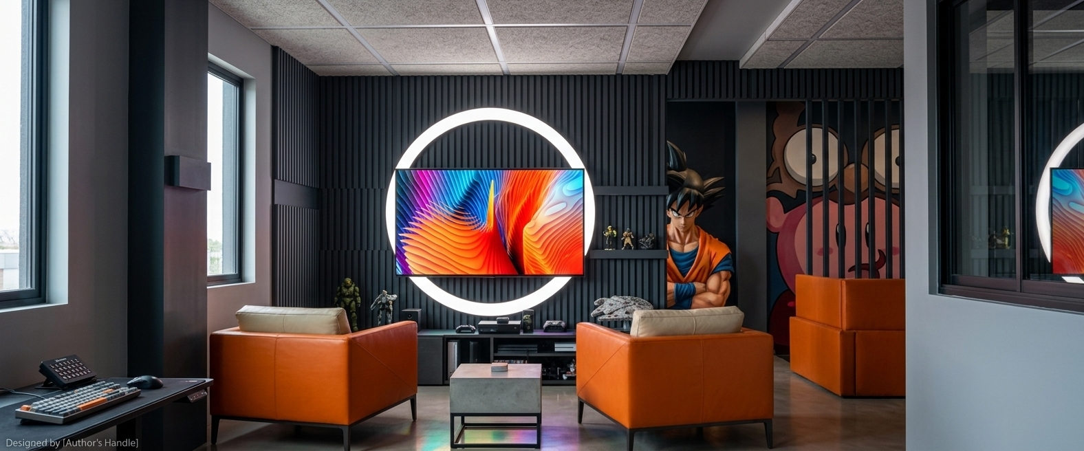 An incredibly lifelike, richly detailed, photorealistic wide-angle interior photo of a high-tech gamer study room and media lounge set in a sleek, modern techno wonderland loft. The scene is illuminated by a striking, halo-like circular LED ring light surrounding the central television screen, casting a clean white glow across the space that contrasts beautifully with ambient shadow, creating an immersive, electric atmosphere. Captured with a 24mm tilt-shift lens, emphasizing the deep matte charcoal-grey vertical ribbing of the feature wall, the textured grid of the acoustically treated ceiling tiles, and the crisp matte detailing of the custom pop-culture wall murals in the background showing iconic animated characters. Two low-profile, ergonomic accent armchairs wrapped in premium, vibrant tangerine-orange leather with plush cream cushions frame a minimalist concrete-cube coffee table situated on a dark metal base. The vibrant, hyper-realistic abstract art displayed on the television screen throws colored light reflections across the sleek media console and polished floor, while large side windows hint at external natural light, fully completing this sophisticated, custom-designed gaming sanctuary.