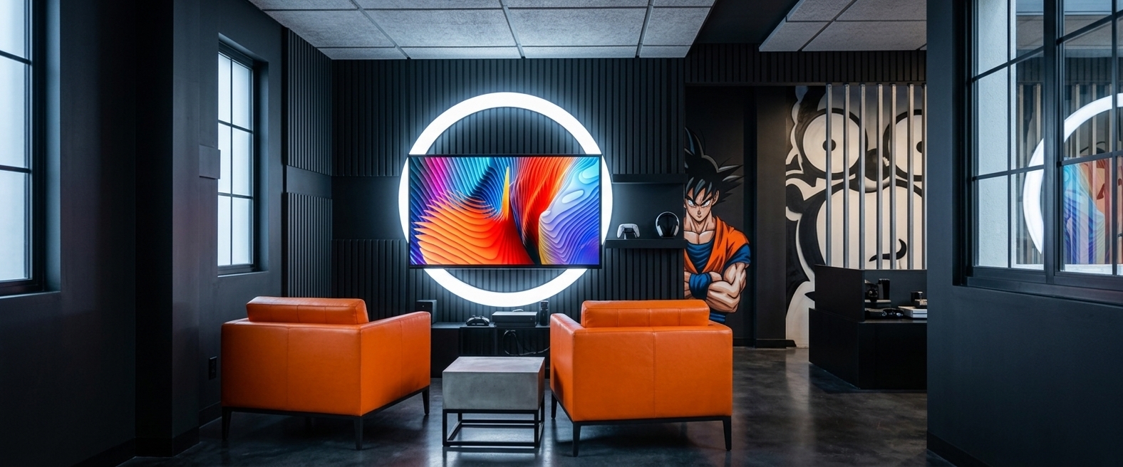 An incredibly lifelike, richly detailed, photorealistic wide-angle interior photograph of an urban gamer punk study room set in a contemporary metropolitan apartment. The scene is illuminated by a moody neon noir lighting scheme, featuring an intensely glowing white circular LED halo mounted behind the central display and cold, natural ambient light drifting through the flanking windows to create a cinematic, tech-driven, and high-energy atmosphere. Captured with a professional full-frame camera and a 24mm wide-angle lens, emphasizing the matte-textured vertical ribbing of the dark charcoal wall panels, the supple, vibrant safety-orange leather of the two symmetrical armchairs, and the brilliant, swirling saturations of the digital graphic on the central television. Strategically positioned between the armchairs is a minimalist, polished concrete cube ottoman resting on a sleek black metal frame. To the right, the view opens onto an adjoining hallway adorned with striking street-art style murals—including a high-contrast graphic of the anime icon Goku in his signature orange gi and a bold, stylized black-and-white cartoon caricature visible behind a partition of slender vertical metal bars. The raw, gridded acoustic panels on the ceiling and the subtle reflections tracing across the polished dark gray floors further enhance the immersive, futuristic aesthetic of this curated gaming sanctuary.