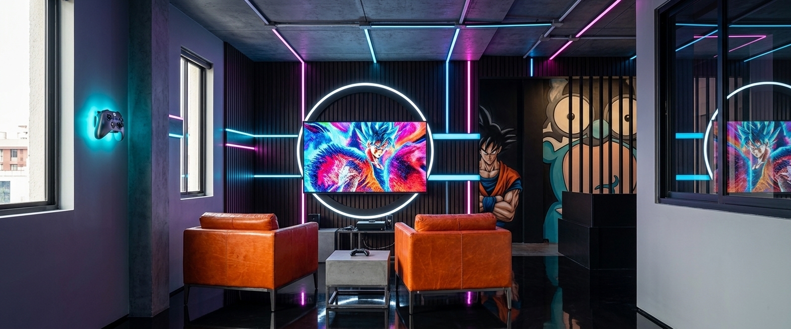 An incredibly lifelike, richly detailed, photorealistic wide-angle interior photo of a futuristic cyber-eclectic fusion study and media room set in a high-tech cyberpunk residence. The scene is illuminated by striking, moody neon light strips in electric blue and vibrant pink running along the fluted dark walls, creating an immersive, adrenaline-fueled gaming atmosphere. Captured with a 24mm f/2.8 professional architectural lens, emphasizing the rich textures of the concrete-paneled ceiling, the premium grain of the two bright orange leather lounge armchairs, and the realistic reflections dancing across the polished obsidian-tinted floor. At the center of the dark accent wall, a large flat-screen display glows with fluid, saturated colors, framed by a brilliant white neon ring and horizontal light bars that extend across the room. On the left structural column, a sleek, state-of-the-art gamer controller is elegantly mounted as functional wall art, backlit by a soft cyan aura. In the background, highly detailed graphic murals of Goku and a stylized cartoon character peer through sleek black partition bars, while a minimalist concrete coffee table with a polished metal frame sits grounded between the main chairs, tying together this ultimate punk-inspired digital sanctuary.