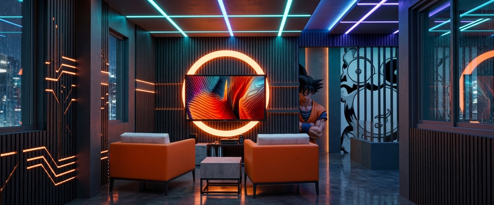 An incredibly lifelike, richly detailed, photorealistic interior photo of a futuristic study and entertainment room set in a high-end urban apartment. The scene is illuminated by a moody combination of vibrant orange light from the television screen, a glowing circular halo, and sharp cyan and ultraviolet neon strips recessed within the modern false ceiling grid, creating a cinematic, neon-noir atmosphere. Captured with a professional 24mm cine-lens, emphasizing the glossy, polished dark floors and the textured, dark vertically-slatted feature wall, the room feels high-tech and intimate. On the left wall, intricate glowing circuit lines cut into the dark surface, pulsing with a low, electric orange neon light. In the center, a large flat-screen display shows a rich, abstract wave of fiery colors, backed by a massive glowing white LED ring. Two stylish, boxy armchairs in vibrant tangerine orange with white leather headrests are positioned side-by-side, facing the screen across a minimalist concrete block coffee table. In the background passageway, striking black-and-white murals of popular anime and cartoon characters lend a playful, pop-culture edge to this sleek, ultra-modern private sanctuary.