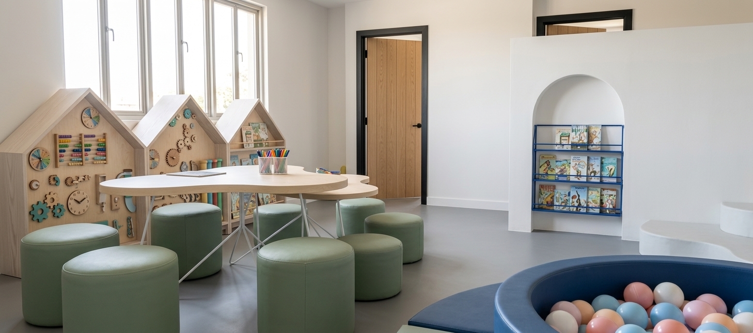 An incredibly lifelike, richly detailed, photorealistic interior photo of a minimalist, sensory-friendly recreational haven designed for neurodivergent children, set within a modern therapeutic facility during summer. The scene is illuminated by bright, diffused midday summer sunlight streaming through a row of large, high-set windows, creating a calming, warm, and comforting atmosphere. Captured with a professional wide-angle lens, emphasizing soft-matte textures and gentle pastel tones, the composition showcases an thoughtfully balanced play area. In the foreground, a curved, deep blue-rimmed sensory ball pit is filled with smooth spheres in calming pastel shades of pink, blue, peach, and white. Centered in the room is an organically shaped, double-tiered activity table made from light birch wood, supported by a delicate geometric web of white metal legs and surrounded by soft, cylindrical poufs upholstered in a tactile, sage green faux-leather. Along the left wall, three house-shaped sensory boards invite quiet play, featuring tactile wooden gears, colorful abacus beads, and interactive clocks integrated into pale ash-wood frames. To the right, a clean white partition wall features a charming arched cutout with blue wire shelves displaying neatly organized children's books, while light-oak doors with sharp black metal frames add a touch of modern architectural contrast to the seamless gray epoxy floor.