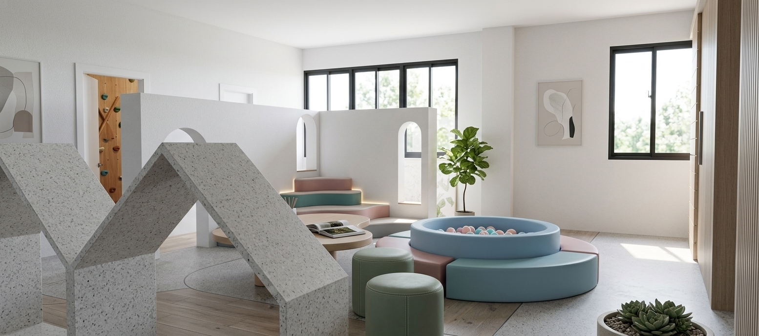 An incredibly lifelike, richly detailed, photorealistic wide-angle interior photograph of a custom children's play and creative gaming room set in a modern minimalist haven. The scene is illuminated by bright, diffused midday spring sunlight streaming through expansive windows, creating a serene and zen-inspired atmosphere. Captured with a 24mm tilt-shift lens, emphasizing the soft matte finishes, fine-grained concrete, and elegant pastel upholstery, the composition showcases a perfectly uncluttered layout. In the foreground, stylized, minimalist house-shaped partitions crafted from textured light gray terrazzo frame the view, leading the eye toward a central circular ball pit finished in soft sky-blue vinyl with pastel-colored accent tiers in dusty rose and teal. Beside it sit two cylindrical leather stools in a muted sage green, while a low, organic-shaped light wood gaming table hosts a thoughtfully placed, open photography book. The background features clean white walls with elegant arched portals, sleek black-framed doorways, and subtle abstract wall art that complements the clean, monochromatic architecture. Tucked neatly near the window, a lush indoor plant basks in the seasonal light, enhancing the room's airy, peaceful energy.