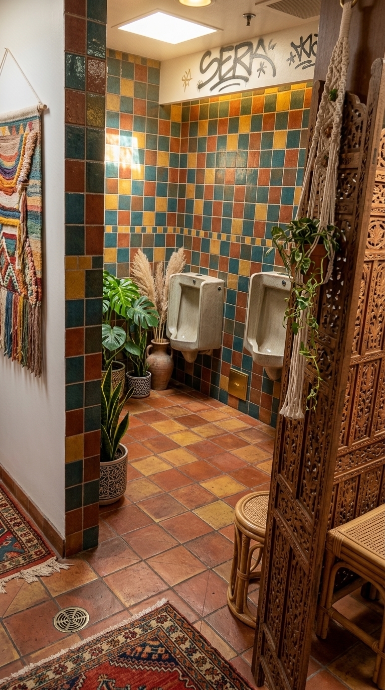 An incredibly lifelike, richly detailed, photorealistic wide-angle interior photo of a bohemian oasis powder room set in a breezy summer bungalow. The scene is illuminated by bright, golden midday sunlight filtering through a skylight, creating a vibrant, free-spirited, and warm atmosphere. Captured with a Hasselblad H6D-100c and a 24mm lens, emphasizing the layered textures of a colorful woven tapestry wall art hanging, handcrafted terracotta floor tiles, and a rich palette of deep teal, warm rust, and mustard yellow accents. In place of the sterile partitions, a beautifully carved vintage wooden screen provides privacy, while a rattan vanity stool and a delicate macrame plant hanger add a relaxed, globally-inspired touch. Lush green potted plants and feathery plumes of pampas grass in an antique clay urn breathe life into the corner, beautifully complementing the layered, Moroccan-style rugs underfoot. The walls, finished in a textured earthy neutral plaster, hold a polished brass faucet and a unique, handcrafted ceramic wash basin, creating a harmonious, eclectic sanctuary that feels both deeply artistic and functional.