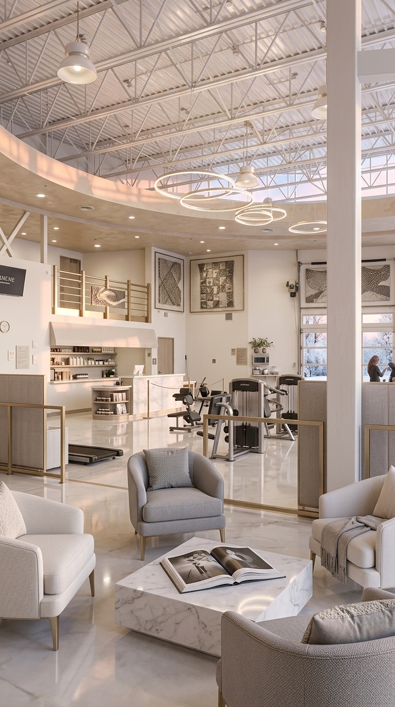 An incredibly lifelike, richly detailed, photorealistic wide-angle interior photograph of a state-of-the-art boutique fitness gym and wellness lounge set in a soaring, architectural warehouse-style space reimagined with contemporary elegance. The scene is illuminated by the soft, golden-pink glow of a crisp winter sunrise streaming through high, expansive glass panes, creating a serene, revitalizing, and incredibly sophisticated atmosphere. Captured with a high-end medium-format camera and a 24mm tilt-shift lens, emphasizing the luminous sheen of polished stone floors, the fine grain of champagne-metal accents, and the rich fabrics of tailored upholstery, the design transforms the original industrial structure into an airy sanctuary of luxury. The open-truss ceiling is coated in a refined pearlescent white, while the sweeping curved bulkhead is finished in a smooth, champagne-toned Venetian plaster. In place of the cafeteria seating, the balanced layout features high-end fitness stations alongside a luxurious lounge corner, where tailored upholstered armchairs in shades of pearl and soft gray surround a polished white marble coffee table displaying a large-scale art photography book. Elegant abstract wall art in neutral tones hangs on the pristine warm white walls, punctuated by slim brushed-gold metal accents that frame the functional zones. Overhead, bespoke sculptural ring chandeliers cast a soft, ambient glow that complements the clean, polished lines and understated luxury of this light-filled fitness haven, offering views of the frost-kissed winter landscape outside.