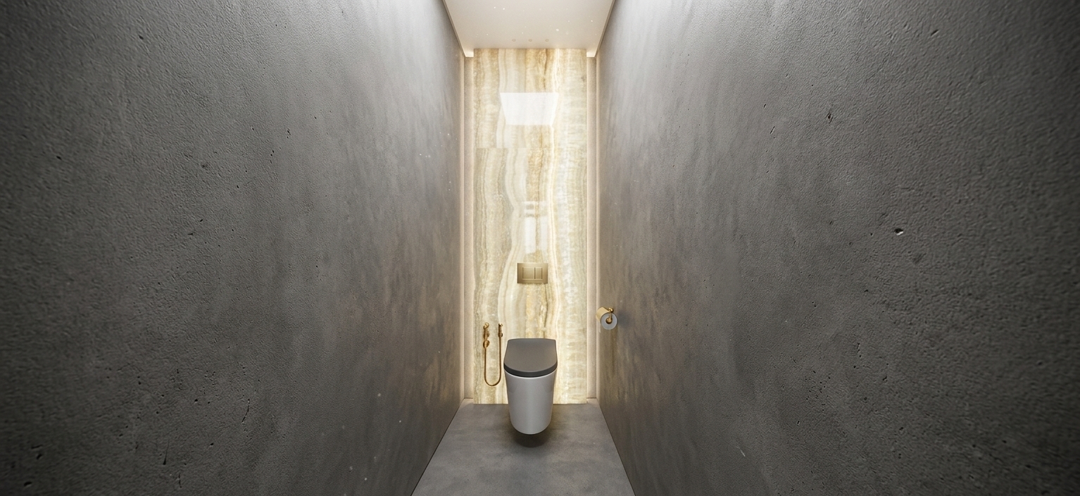 A professional, straight-on architectural photograph of a narrow minimalist powder room during a bright spring midday, captured with a wide-angle lens. Facing the camera is a sleek, wall-hung modern toilet with a glossy white ceramic body and a matte charcoal-grey seat cover. The toilet is mounted against a towering vertical slab of polished travertine or onyx marble, characterized by exquisite vertical veins of cream, gold, and ivory, subtly illuminated from behind the sides with soft, diffusing LED light. On the left of the toilet sits a brushed gold bidet spray, and directly above is a matching brushed gold flush plate, while a simple toilet roll holder is mounted on the right wall. The main side walls are made of textured, matte dark grey concrete plaster, showcasing natural, tactile micro-irregularities and a fine-grained surface. Soft, abundant spring daylight diffuses from above, creating gentle ambient shadows and highlighting the rich textures, with subtle lens vignetting, microscopic dust motes in the air, and realistic reflections on the polished metal and ceramic surfaces.