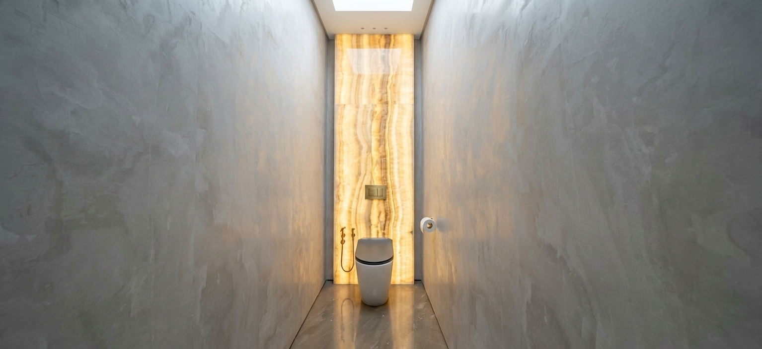 An architectural photograph of a narrow, minimalist powder room during a bright spring midday, captured with a professional wide-angle lens to maintain the exact straight-on central perspective. Natural, clean daylight filters from an overhead skylight, casting a soft wash over the long, tall side walls which are finished in a tactile, hand-troweled cool-gray microcement with organic matte textures. The central, vertical backlighting of the towering polished honey onyx marble slab glows warmly, highlighting its rich amber veining and casting a soft under-glow. The white ceramic wall-hung toilet has a clean glint on its glazed surface, contrasted by its matte charcoal lid. Realistically detailed metallic gold fixtures, including the dual-flush plate and bidet sprayer, gleam with a brushed-satin finish. The polished stone floor subtly reflects the warm backlight, while authentic photographic imperfections—such as gentle lens flare, subtle dust particles catching the midday light, and slight variation in the concrete wall's texture—complete the photorealistic look.