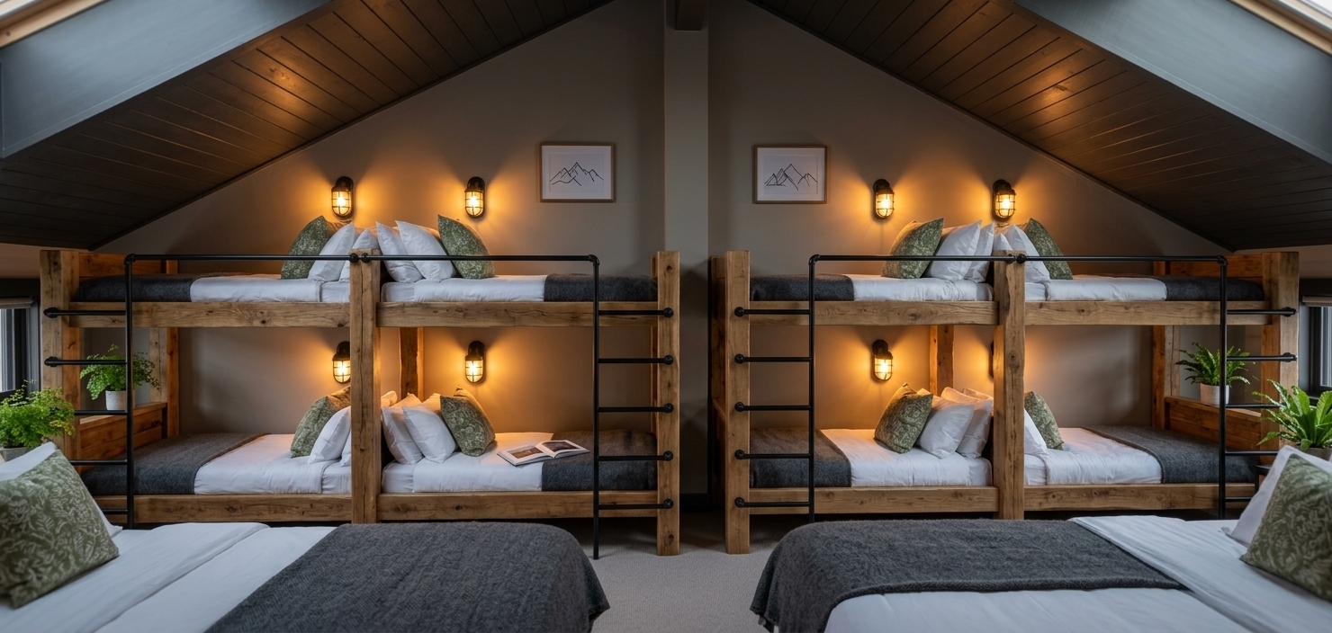 An incredibly lifelike, richly detailed, photorealistic wide-angle interior photograph of a cozy, cabin-inspired attic bunk room set in a secluded mountain escape. The scene is illuminated by the warm, inviting amber glow of black metal cage sconces and soft, ambient twilight, creating a peaceful, rustic atmosphere. Captured with a professional 24mm tilt-shift lens, emphasizing the tactile textures of the rugged, natural-grain wooden bunk beds, the plush fabric of the white and moss-green patterned pillows, and the dark, angled paneling of the pitched ceiling. The space is styled in an elegant palette of deep forest greens, warm chocolate browns, and earthy neutrals, featuring sturdy log and timber frame architecture with sleek black metal ladders and safety rails. Tucked under the sloping dramatic eaves, the comfortable beds are layered with crisp linens and textured charcoal-grey wool blankets. Thoughtful mountain-inspired decor completes the alpine-retreat vibe, including minimalist framed mountain range wall art on the back grey-painted wall, a thick photography book resting on a wooden ledge, and delicate potted indoor ferns that bring fresh, organic life into this wonderfully warm and inviting sanctuary.
