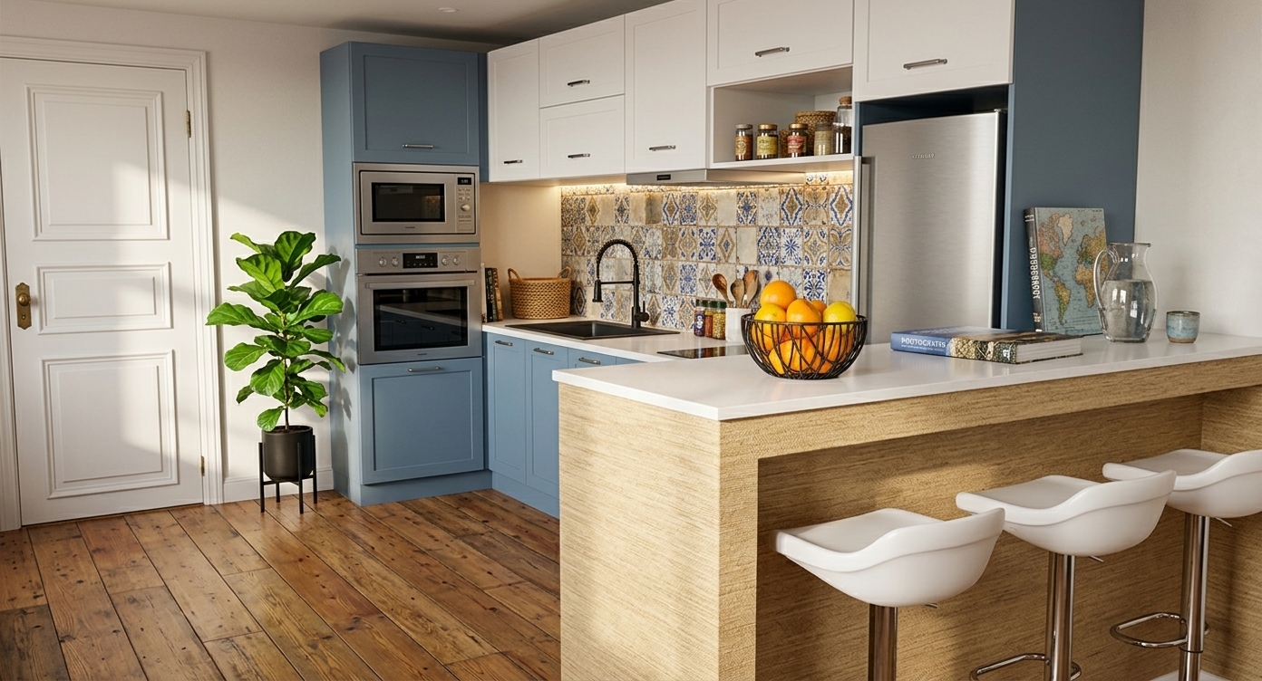 An incredibly lifelike, richly detailed, photorealistic wide-angle interior shot of a vibrant, eclectic kitchen set in a sun-drenched, bohemian city apartment. The scene is illuminated by soft, natural afternoon sunlight streaming from an adjacent window, raising soft shadows and creating a warm, nostalgic, and adventurous atmosphere. Captured with a 35mm f/2.8 lens, emphasizing the rich textures of handmade ceramic tiles, polished wood grain, and tactile surfaces, this Travelers Trove-inspired kitchen beautifully balances modern utility with worldly, curated charm. In the foreground, three sleek, modern white-shelled bar stools with chrome pedestals line a breakfast bar wrapped in a textured, sandy-hued grasscloth wallpaper, contrasting beautifully with the smooth, clean white quartz countertop. Atop this collected surface sits a minimalist black wire bowl filled with bright orange citrus fruits, a heavy-bound photography book capturing global landscapes, and a hand-crafted glass carafe. The L-shaped kitchen layout features a backdrop of dusty-blue and crisp white cabinetry, highlighted by under-cabinet LED lighting that casts a warm glow over a stunning tiled backsplash adorned with intricate, travel-inspired global patterns in cobalt and earth-toned ochre. A sleek black gooseneck faucet stands elegantly over a dark sink basin, while built-in stainless steel appliances, including a microwave, wall oven, and refrigerator, seamlessly integrate into the cabinetry. To the left, a lush, vibrant fiddle-leaf fig plant in a minimalist stand breathes life into the corner near a classic paneled white door, completing this layered, artistic, and deeply personal culinary haven.