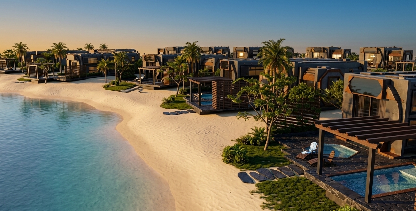 An incredibly lifelike, richly detailed, photorealistic wide-angle shot of a row of futuristic, high-tech beachfront villas set along a tropical coastline. The scene is illuminated by the warm, low-angled golden-hour sunlight, creating a serene and luxurious resort atmosphere. Captured with a 24mm architectural lens, emphasizing the stark textures of the dark, industrial-tech facade panels against the organic elements of nature. Each modular villa, styled as a sophisticated 'techno wonderland,' features clean chamfered edges, dark metallic finishes, and expansive tinted glazing. Pristine, pale-golden sand slopes smoothly down toward a calm, turquoise sea that stretches across the left foreground. Manicured landscaping surrounds each unit, showing slender palm trees, lush green shrubs, and small patches of grass adorned with flat stepping stones that form elegant pathways walking up to each entrance terrace. The private outdoor pool areas are showcased beautifully, with each villa boasting its own sparkling plunge pool nestled under a minimalist dark pergola, complete with sleek wooden lounge chairs resting on dark stone-paved decks, presenting an exquisite blend of high-end technology and tropical relaxation.