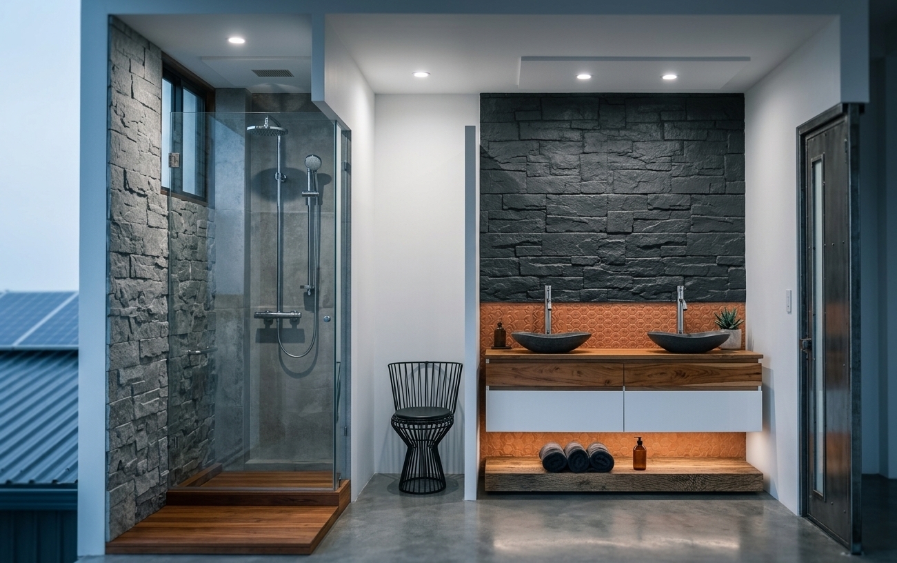 An incredibly lifelike, richly detailed, photorealistic interior photo of a modern bathroom with a cyber eclectic fusion and eco-industrial design aesthetic, set in a contemporary sustainable home. The scene is illuminated by recessed spotlight fixtures casting soft pools of light and cool ambient daylight, creating a moody, sophisticated, and serene atmosphere. Captured with a professional wide-angle tilt-shift lens, emphasizing the rich contrast of natural and high-tech textures, the space is divided into three functional zones. On the left, a frameless glass-enclosed shower stall features rugged, gray split-face stone tiling and a sleek chrome shower set, elevated on a warm timber platform. In the center alcove, a futuristic, sculptural black wireframe toilet adds an eclectic cybernetic touch against a minimalist white backdrop. To the right, a floating double vanity boasts elements of vibrant sustainable wood and crisp white under-counter drawers; above it, organic charcoal-colored vessel sinks sit beneath modern chrome faucets. The vanity's backsplash transitions beautifully from a warm, textured terracotta-orange pattern below to a dark, heavily textured charcoal brick feature wall above, grounding the composition with a rich organic materiality that contrasts beautifully with the smooth polished concrete floor.