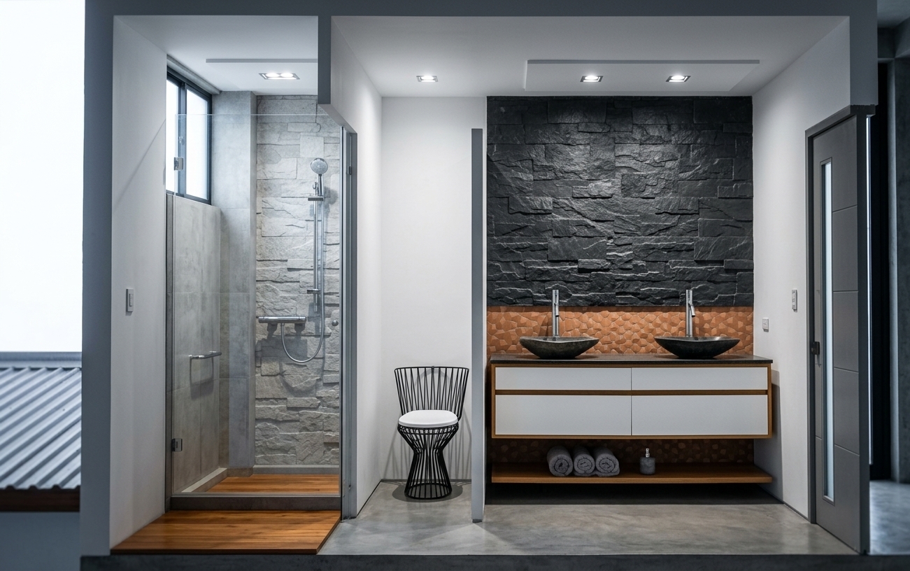 An incredibly lifelike, richly detailed, photorealistic straight-on interior photo of a compact, highly functional bathroom suite set in a modern industrial-brutalist residence. The scene is illuminated by crisp, overhead midday light filtering through recessed ceiling fixtures, creating a clean yet moody atmosphere that accentuates the architectural geometry. Captured with a 24mm tilt-shift architectural lens, emphasizing the raw tactile textures of board-formed concrete, cleft-stone cladding, and warm timber, the space is divided into three distinct zones. On the left, a streamlined glass-enclosed shower features light gray stone tile details and a satin-chrome shower column, grounding the space next to a warm wood-planked entryway floor. In the narrow central alcove, a sculptural, wire-frame-inspired designer toilet stands against a smooth white partition wall. The right side is dedicated to a striking modern fusion double vanity, backed by a dramatic wall of textured, charcoal-colored slate ledger stone and a lower accent wall of warm-toned, geometric terracotta-like tiles. The floating vanity itself boasts clean white soft-close drawers framed in rich honey oak, supporting two dark organic-shaped stone vessel sinks with sleek chrome gooseneck faucets, while rolled plush towels are neatly arranged on a matching under-shelf over the seamless, cool-toned concrete flooring.
