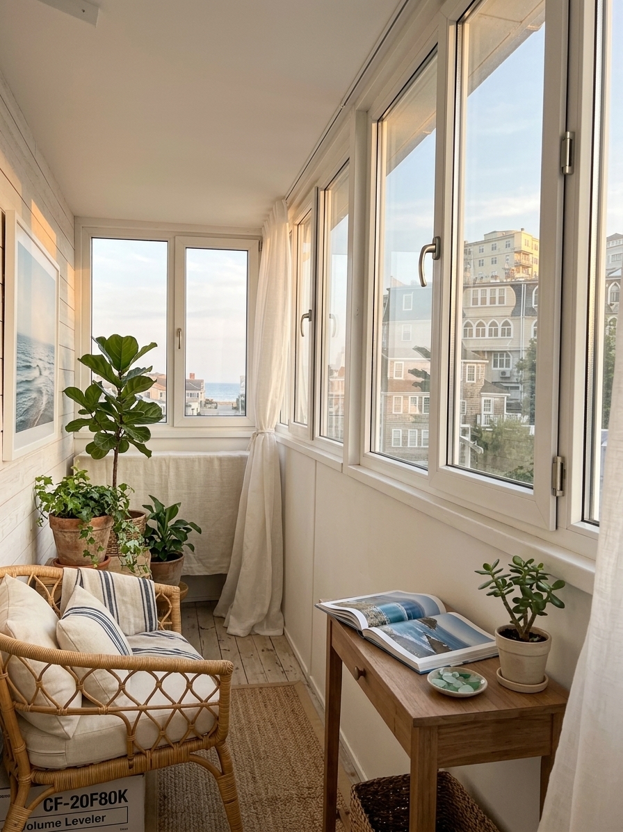 An incredibly lifelike, richly detailed, photorealistic wide-angle interior photo of a transformed, light-filled coastal sunroom balcony nook set in a serene seaside attic. The scene is illuminated by warm, sun-kissed golden hour light streaming through pristine, floor-to-ceiling glass windows, creating a relaxed, breezy, and inviting atmosphere. Captured with a Hasselblad H6D-100c with a 24mm prime lens, emphasizing the organic textures of white-washed wooden shiplap walls, woven natural fibers, and crisp linen. The narrow space is elevated into a fresh, nautical retreat decorated in a soothing palette of ocean-inspired shades of blue, immaculate white, and sandy neutrals. On one side, a low-profile, honey-toned wicker armchair is dressed in plush cream cushions and a navy-striped linen throw, offering a casual spot to enjoy the panoramic views. Beside the chair sits an elegant, uncluttered wooden end table hosting an open, glossy photography book of coastal landscapes, a small ceramic dish of sea glass, and a delicate potted jade plant. On the back accent wall, a large-format piece of framed seascape wall art captures the tranquil movements of the tide, masterfully bridging the indoor sanctuary with the outside world. Healthy green potted plants, including a tall fiddle-leaf fig and cascading ivy in rough terracotta pots, breathe life into the corners of the space, while a gentle coastal breeze rustles the sheer white curtains, evoking a sensory connection to the nearby ocean.