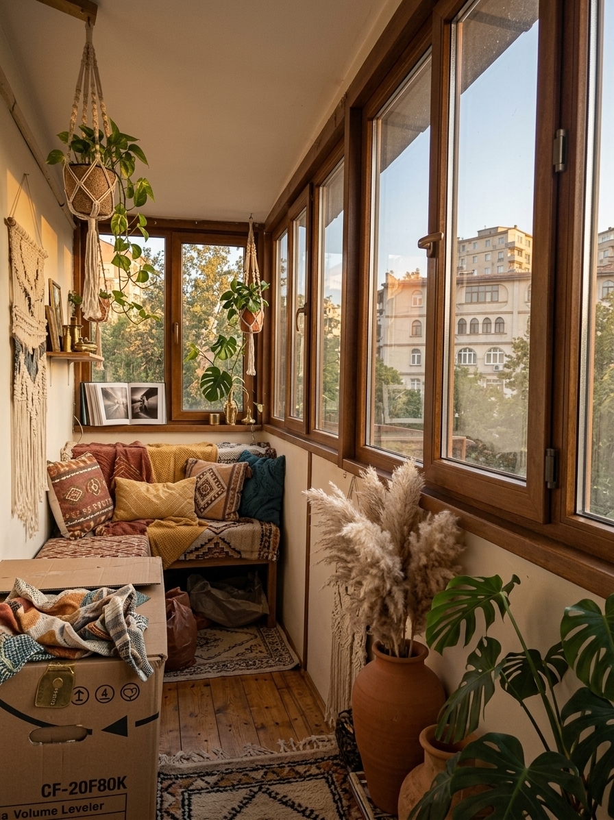 An incredibly lifelike, richly detailed, photorealistic wide-angle interior photo of a bohemian oasis attic balcony set in a cozy, sun-drenched loft conversion. The scene is illuminated by warm, late-afternoon golden-hour sunlight streaming through clean, multi-pane windows, creating a serene, free-spirited, and deeply inviting atmosphere. Captured with a Hasselblad H6D-100c and a 24mm wide-angle lens, emphasizing the tactile grains of natural wood, hand-knotted macramé, and the fine fibers of fluffy pampas grass, this transformed narrow footprint exhibits a beautiful harmony of color and texture. Layered Moroccan-style rugs in rich shades of warm rust, mustard yellow, earthy neutrals, and deep teal overlap across a warm timber floor, drawing the eye toward a custom low floor lounger at the far end, piled high with globally-inspired patterned textiles. Along the left wall, a large, intricately woven abstract tapestry wall art piece hangs proudly, while leafy green monsteras, trailing pothos, and tall terracotta vases of feathery pampas grass nestle into the corners to frame the view. Hanging macramé planters suspend from the ceiling beams, adding height and dimension, while a handcrafted vintage wooden side table sits close by, hosting a beautifully bound, open photography book and an assortment of vintage-collected brass treasures. Through the pristine glass, a soft-focused vista of green treetops and historical city roofs completes this deeply comforting, handcrafted retreat.