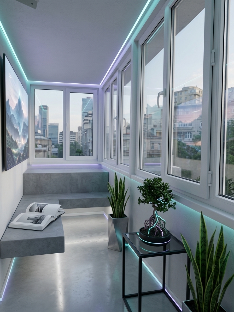 An incredibly lifelike, richly detailed, photorealistic wide-angle interior shot of a minimalist Digital Zen sanctuary set in a sleek, reimagined attic-inspired sunroom balcony overlooking a quiet futuristic cityscape. The scene is illuminated by soft natural light filtering through pristine, massive glass panes blended with subtle neon-cyan and soft violet LED strip accents, creating a tranquil yet high-tech atmosphere. Captured with a Hasselblad H6D-100c with a 24mm wide-angle lens, emphasizing the ultra-smooth brushed chrome finishes, pristine glass surfaces, and the vibrant glow of the digital landscape wall art. This streamlined, clutter-free space swaps the old storage boxes for a sophisticated palette of cool grays, crisp whites, and glowing neon highlights. A low-profile, floating bench in matte gray runs along the left wall under a large, state-of-the-art digital canvas displaying an evolving holographic mountain landscape. On the bench rests an open, heavy-paper photography book showcasing minimalist architecture, while next to it, a sleek matte-black metal and glass side table holds a smart, self-watering organic bonsai tree with neon-accented root lighting. The floor, finished in polished light-gray concrete, reflects the subtle cyber-Zen decor and the vibrant green leaves of tall, indoor snake plants set in geometric metallic planters. This innovative, highly balanced design seamlessly merges organic elements with futuristic automation, turning the narrow space into a peaceful, high-tech retreat for contemplation.
