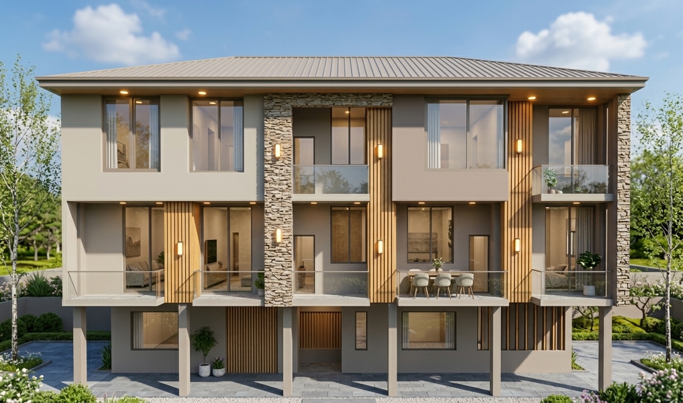 An incredibly lifelike, richly detailed, photorealistic eye-level architectural photo of a modern three-story multi-residential villa set in a serene, spring-infused onsen retreat. The scene is illuminated by the bright, clear light of a high midday sun, creating a tranquil and airy atmosphere. Captured with a professional 35mm tilt-shift lens, emphasizing the harmony of mineral and timber textures, the smooth exterior walls of this minimalist haven have been beautifully reimagined in a sophisticated color palette of warm greige and soft, muted taupe that perfectly complements the golden tones of the vertical timber slats and the rugged, earthy texture of the dry-stack stone pillars. The multi-tiered balconies feature pristine glass railings that catch subtle reflections of the clear blue spring sky, while large sliding glass facade panels reveal inviting, softly lit interior spaces with minimalist furnishings. Under the midday sunlight, sharp, clean shadows define the building's deep geometric recesses, while built-in warm LED soffit downlights and vertical wall sconces emit a soft amber glow, enriching the contrast against the new neutral wall tones. Surrounding the residence, a neatly paved courtyard is framed by lush, manicured spring greenery, slender trees, and a peaceful garden backdrop, completing the serene, restorative aesthetic of a high-end architectural sanctuary.