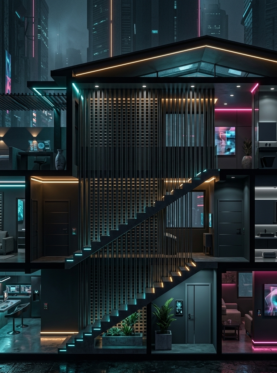 An incredibly lifelike, richly detailed, photorealistic architectural cross-section photo of a multi-story futuristic residence with an integrated smart mudroom, set in a dense, dark cybernetic urban environment. The scene is illuminated by moody neon noir lighting with glowing cyan, amber, and hot pink LED strips running along the steps and ceiling joints, creating a gritty, high-tech, and mysterious atmosphere. Captured with a professional tilt-shift architectural lens, emphasizing a sleek palette of deep charcoal, black, and reflecting grays alongside sharp metallic finishes and polished concrete surfaces, this high-concept design is fit for a modern architecture photography book. The dramatic diagonal staircase cuts through the center of the structure, framed by a delicate, towering lattice of dark metal vertical louvers that partially screen the interior. Inside the meticulously organized rooms, minimalist metal and glass furniture, cybernetic control interfaces, and shifting holographic wall art define the aesthetic. Cyberpunk decor elements, such as glowing touch-panels and integrated neon accents, seamlessly blend with moody, bioengineered indoor plants housed in brutalist concrete planters, accentuating the perfect marriage of organic elements and hyper-modern, industrial design.