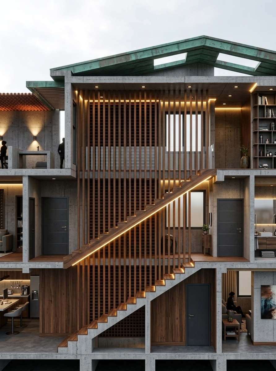 An incredibly lifelike, richly detailed, photorealistic architectural cross-section photo of a three-story modern industrial residence set in a sophisticated urban environment. The scene is illuminated by a bright midday sky from above, which dynamically contrasts with a moody, neon noir-inspired interior glow created by warm, linear LED strip lights embedded under the stair treads, ceilings, and outdoor pergola, creating a dramatic, cinematic atmosphere. Captured with a medium-format camera and a 35mm tilt-shift lens, emphasizing the raw, tactile textures of the exposed concrete structural frames, smooth walnut wood paneling, and a weathered green copper roof. At the core of the structure, a central staircase ascends behind a dense screen of floor-to-ceiling vertical timber louvers that filter the warm golden light, while the ground floor features a sleek mudroom clad in rich wood with a minimalist charcoal-gray steel door. Every interior zone is rendered in exquisite detail, from the ambiently lit upper-level terrace with spotlights washing over concrete walls to the cozy, high-end living spaces visible through the cross-section, seamlessly blending rugged industrial minimalism with the futuristic warmth of integrated glowing LEDs.