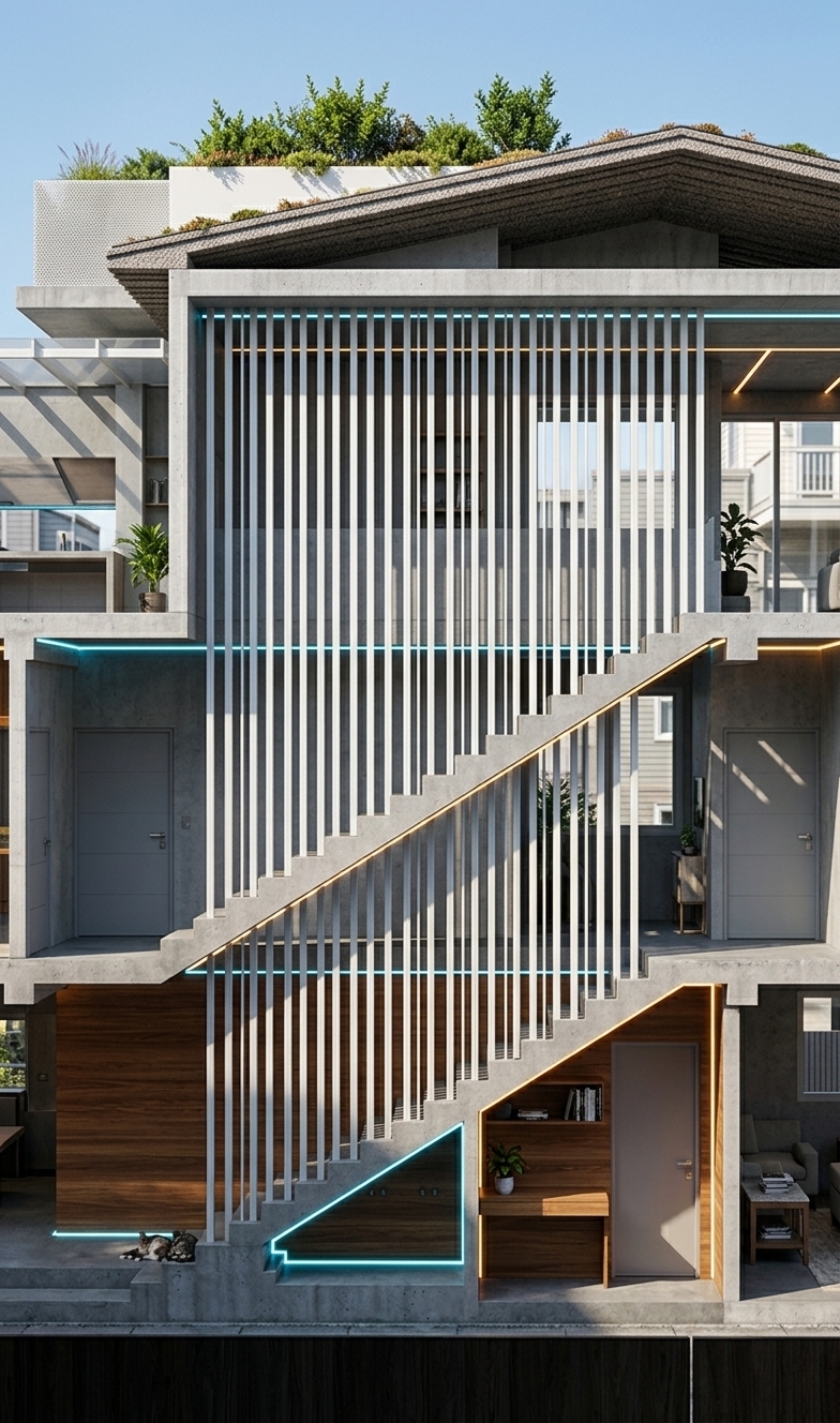 An incredibly lifelike, richly detailed, photorealistic architectural photo of a modern multi-story villa’s open-face facade, featuring a prominent zigzagging concrete staircase screened by a dramatic cage of vertical white steel louvers, set in a sleek urban residential enclave. The scene is illuminated by direct, high-contrast midday sunlight casting sharp, parallel geometric shadows deep into the interior, beautifully interspersed with custom linear LED strip lights embedded along the structural beams and beneath the stair treads to create a moody, high-tech neon noir atmosphere. Captured with a professional medium-format camera and a 35mm tilt-shift lens, emphasizing the crisp matte texture of the white metal structural slats, the warm horizontal grain of the wooden mudroom accent wall on the ground floor, and the raw, cool-toned concrete finishes. The structural integrity of the design is celebrated through exposed columns and a lush green rooftop canopy, while the integrated mudroom zone nestled beneath the lower stair flight showcases a minimalistic entry door and warm timber paneling highlighted by glowing ice-blue and amber LED runs that enhance the building's sophisticated, angular proportions.
