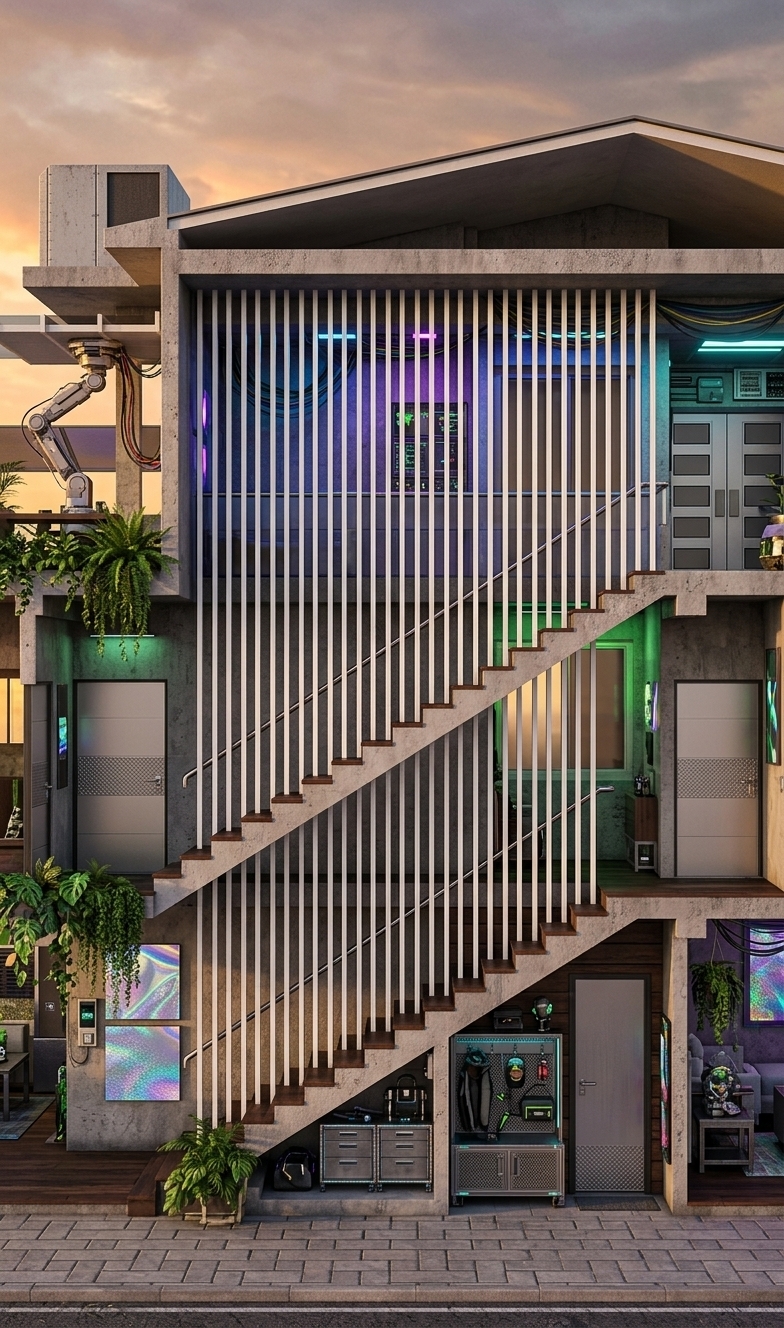 An incredibly lifelike, richly detailed, photorealistic wide-angle elevation shot of a multi-story cyber-eclectic mudroom atrium set in a gritty, high-tech urban environment. The scene is illuminated by the warm, dramatic glow of a metropolitan sunset filtering through the structure from one side, clashing intensely with internal beams of neon blues, purples, and acid greens, creating a vibrant, dystopian, yet highly stylized atmosphere. Captured with a 35mm tilt-shift lens, emphasizing the sharp geometry of the towering white vertical louvers, the cold metallic finishes, and the raw, grunge-textured concrete surfaces. The architectural layout reveals a layered, cross-sectional view where a central zigzagging staircase rises across three levels behind a prominent screen of thin, white steel slats, reminiscent of a high-end photography book spread. On the lower level, a functional mudroom space is visible, outfitted with LED-accented metal furniture, cybernetic gear storage, and mixed-media wall panels that display shimmering holographic wall art. Lush, emerald-green indoor plants drape over dark-stained wood and concrete shelves, softening the industrial tech-inspired aesthetic, while sleek, minimalist doors on each landing hint at further micro-apartments nested within this bold, futuristic structure.