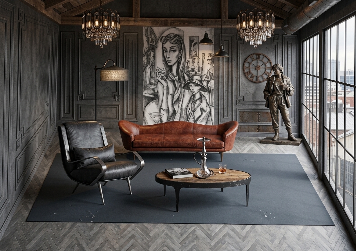 An incredibly lifelike, richly detailed, photorealistic wide-angle interior photo of a spacious industrial attic loft living room set in a style-conscious repurposed urban warehouse. The scene is illuminated by moody, diffused afternoon sunlight streaming through massive steel-framed grid windows on the right, creating a raw and atmospheric mood. Captured with a professional 35mm tilt-shift lens, emphasizing the rugged textures of concrete, distressed leather, and black metal, the composition centers on a dark slate-gray rug where a low-slung, vintage leather sofa in a deep rust hue sits against a charcoal-gray accent wall. Beside it, a warehouse-inspired black metal coffee table with a reclaimed wood top displays a premium, heavy photography book, while a rugged metal-framed accent chair in deep charcoal leather occupies the left foreground under the soft glow of a minimalist floor lamp. Exposed timber attic beams and weathered steel ductwork traverse the high ceiling, from which simple blackened iron pendant lights hang near a large, weathered steel wall clock that commands the rear wall. The entire scene, rendered in a sophisticated palette of black, gray, and rust, is anchored by a seamless, matte-finished concrete flooring, embodying a perfectly balanced, high-end industrial architectural aesthetic.