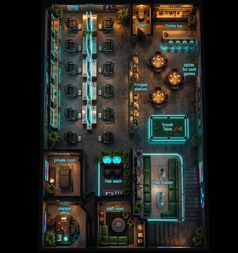 An incredibly lifelike, richly detailed, photorealistic overhead architectural floorplan photo of a futuristic gaming lounge and cybernetic grooming salon set in a dark, urban neon noir environment. The scene is illuminated by a moody combination of amber wash-lights and vibrant cyan neon glow tracing the furniture, creating a gritty yet high-tech cybernetic atmosphere. Captured with a professional medium format camera, emphasizing the highly textured gray concrete floors, polished terrazzo tiles, and sleek metal and glass furniture, every detail pops with incredible clarity. Inside this sprawling underground hub, the left wing features a row of futuristic black leather grooming chairs facing illuminated mirrors with minimalist surfaces, adjacent to a secluded private office decorated with lush indoor plants and cyberpunk-inspired decor. The right wing houses a sprawling entertainment zone featuring an 8-pool table bordered by a bright, glowing cyan neon strip, circular card tables surrounded by plush leather chairs, and a long Playstation lounge equipped with deep emerald-green sofas, minimalist glass tables featuring stacks of photography books, and walls accented by shifting holographic art. The dark, industrial walls are finished in shades of black and charcoal gray, contrasting beautifully with the organic touch of potted ferns and the warm metallic accents of the drinks bar, making this high-tech, multi-zone sanctuary feel intensely real and atmospheric.