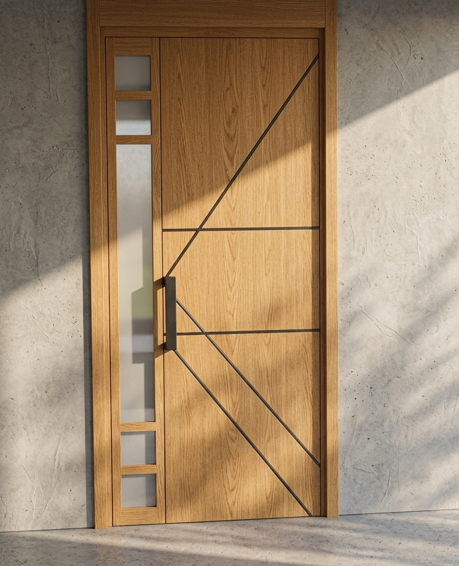 An incredibly lifelike, richly detailed, photorealistic medium shot of a contemporary main entrance door set in a modern minimalist workshop and residential haven. The scene is illuminated by soft, natural afternoon sunlight cascading from the side, creating a warm, inviting, and peaceful atmosphere. Captured with a 50mm f/1.8 prime lens, emphasizing the tactile grain of the natural honey-oak wood, the sleek matte-black powder-coated finish of the geometric pull handle, and the crisp, clean dark metal-lined grooves that form asymmetrical diagonal patterns across the door's surface. The frame is seamlessly integrated into a raw, textured micro-cement wall with subtle troweled details that add a sophisticated, tactile quality to the minimalist facade. To the left of the main panel, a sleek vertical sidelight features alternating clear and frosted glass panes, beautifully filtering light and casting soft, geometric shadows across the clean entryway floor, perfectly embodying a serene harmony of organic warmth and industrial elegance.