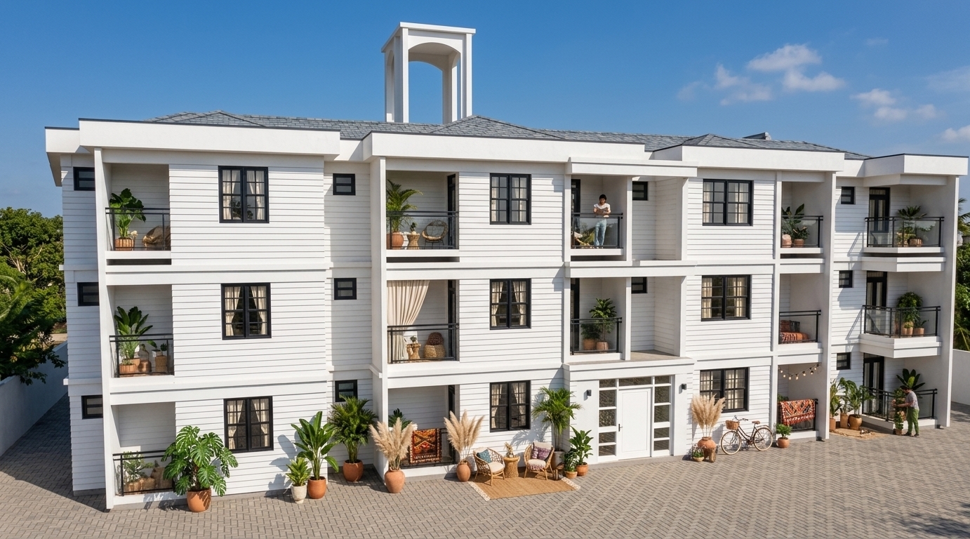 An incredibly lifelike, richly detailed, photorealistic wide-angle architectural photo of a modern three-story residential apartment complex set in a vibrant bohemian oasis-themed garden-scape. The scene is illuminated by the bright, overhead glow of midday spring sunshine, creating a warm, crisp, and inviting atmosphere. Captured with a professional 24mm tilt-shift lens, emphasizing the clean textures of the immaculate white external stucco walls, the sharp contrast of the matte black-painted window and door frames, and the tactile quality of the grey slate roof tiles above. Broad, elegantly patterned cabro interlocking paving blocks cover the spacious ground-level parking area, which is dotted with lush potted monstera plants, leafy palms, and delicate pampas grass to enhance the bohemian aesthetic. Behind the large, black-framed windows, soft cream-colored linen curtains hang gracefully, catching the ambient light and hinting at cozy, thoughtfully decorated interiors. The balconies, framed by minimalist black steel railings, overlook the pristine courtyard, making the entire composition a harmonious blend of crisp modern lines, warm natural materials, and lush spring textures.
