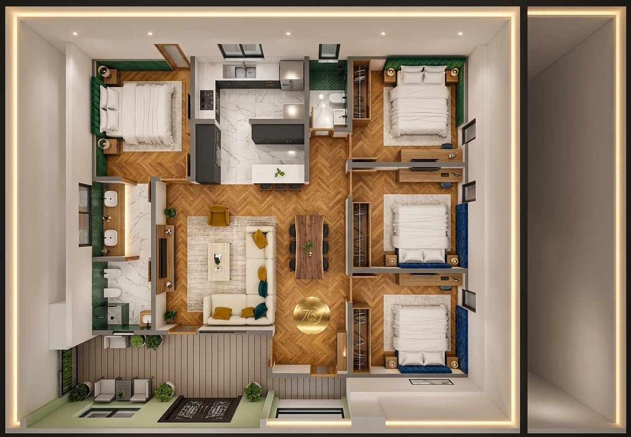 An incredibly lifelike, richly detailed, photorealistic top-down 3D dollhouse floorplan photograph of a luxurious contemporary elegant multichamber hotel suite set in a high-end modern residence. The scene is illuminated by warm, recessed LED ceiling coves and soft spotlights, creating a sophisticated and welcoming atmosphere. Captured with an architectural overhead lens, emphasizing the tactile textures of premium materials, the layout is brought to life with a vibrant color palette and refined finishes. The main living areas and four bedrooms feature rich, honey-toned herringbone oak hardwood floors, while the wet areas are laid with polished white Calacatta marble tiles. In the living room, a cream boucle sectional sofa is styled with plush mustard yellow and deep teal throw pillows, anchored by a sleek travertine coffee table. The dry kitchen boasts elegant charcoal-matte cabinetry with brushed brass T-bar handles and white quartz countertops, transitioning smoothly into a highly functional wet kitchen. Each bedroom is designed with distinct colorful accents, showcasing plush velvet headboards in emerald green and sapphire blue, draped in high-thread-count white linens. The bathrooms exude contemporary elegance with forest green herringbone subway tiles, floating oak vanities, and matte black fixtures, all beautifully highlighted by under-cabinet LED striplights that define the crisp borders and flawless spatial design of the entire suite.
