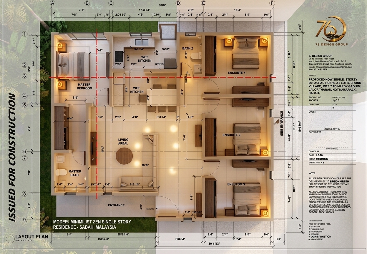 An incredibly lifelike, richly detailed, photorealistic interior architectural shot of a modern, minimalist single-story zen residence set in a tranquil Sabah tropical landscape. The scene is illuminated by a harmonious blend of warm, soft-golden interior glowing light sources and diffused afternoon sun spilling through wide glass windows, creating a serene, peaceful, and luxurious hotel-like atmosphere. Captured with a wide-angle 24mm tilt-shift lens, emphasizing the clean architectural plaster, pristine geometric wall intersections, and the glossy reflections on the floor, the view spans from the spacious entrance hall through the main living spaces. The entire interior is paved with immaculate, highly polished 2' x 2' light milky ceramic tiles that beautifully mirror the soft reflections of the ambient lighting. Looking towards the master suite, a dark wood bedside table is positioned flush against the bedroom wall, with its elegant table lamp turned on, casting a warm amber glow, while the adjacent space functions seamlessly as a built-in wardrobe dressing room; the suite's outer wall features a large, minimalist window looking onto the property rather than an exterior door. The central living area feels remarkably airy, open, and decluttered as the long dining table set has been removed to preserve a clean, spacious floor flow. In the kitchen area, an elegant exterior door leads out to the side instead of a bulky refrigerator unit, maintaining a sleek linear layout. Through the partially open doors of Bedrooms 1, 2, and 3, matching elegant bedroom table lights are switched on, casting cozy pockets of warm light against the walls. In the background, the view through the side entrance reveals a completely bare and minimalist exterior path with nothing on it, maintaining a sense of pure, unoccupied zen tranquility that perfectly bridges the sophisticated, high-end hotel-style interior with the outdoors.
