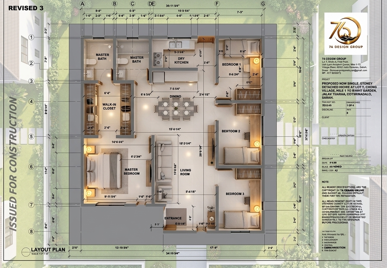 An incredibly lifelike, richly detailed, photorealistic top-down, dollhouse-perspective floorplan photograph of a modern single-story detached house set in a peaceful, sun-drenched suburban landscape. The scene is illuminated by soft, warm recessed spotlights integrated into the ceilings and glowing table lights situated beside the beds and sofa, creating a serene, digital-zen hotel-suite atmosphere. Captured with a high-end architectural medium-format camera and a wide, distortion-free lens, emphasizing the glassy, pristine reflections on the 2' x 2' light milky polished porcelain tiles that stretch seamlessly across every room. Following the layout, the main entrance is positioned on the side of the house, ushering visitors immediately into a cozy, minimalistic living room complete with a light-grey fabric sofa, which sits beside a sleek dining table set for six. Nearby, the dry kitchen transitions to the wet kitchen, where a single solid-wood door leads out to a bright backyard landscape. In the private quarters, the master bedroom acts as a quiet haven with only a single entry door, a plush king-size bed, glowing modern bedside table lamps, and a wide window letting in gentle natural light. Perfecting the luxury-suite aesthetic, the middle bedroom is beautifully transformed into an open-concept wardrobe room with custom-built cabinets and strip lighting, while Bedroom 1 and Bedroom 3 are meticulously arranged with built-in beds, matching side tables with warm lamps turned on, and their own large, expansive windows.