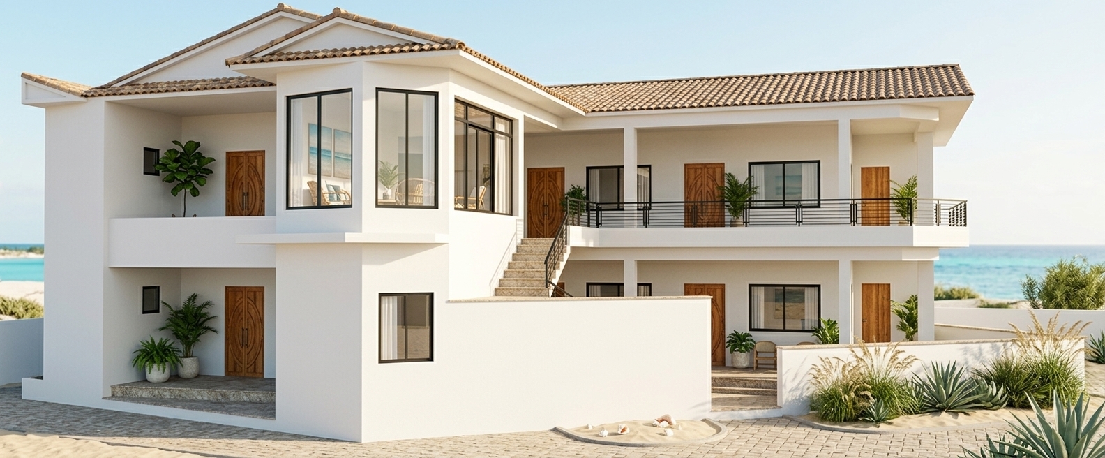 An incredibly lifelike, richly detailed, photorealistic wide-angle architectural photo of a modern coastal villa set in a serene, sun-drenched beachside environment. The scene is illuminated by brilliant, warm afternoon sunshine, creating an airy, light, fresh, and inviting coastal breeze atmosphere. Captured with a professional 24mm tilt-shift lens, emphasizing the crisp matte texture of the white plaster walls, the warm grain of the clay roof tiles, and the intricately carved wooden entry doors, the villa exudes a relaxed, beachy, and casual elegance. This magnificent two-story structure features striking multi-tiered hipped roofs, with a prominent exterior staircase leadings to a spacious second-story terrace bordered by elegant black metal railings. Through the massive bay windows of the upper attic suite, a glimpse of the open and uncluttered interior reveals sophisticated coastal decor, including serene seascape wall art in shades of blue, white, and sandy neutrals, stylish wicker and wooden furniture, and a chic coffee table adorned with a curated photography book. Lush potted plants dot the terraces, their leaves rustling gently in the nautical air, further integrating the clean, modern architecture with its natural, sun-kissed maritime surroundings.