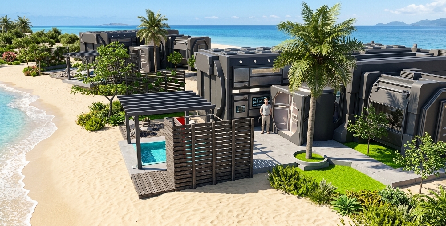 An incredibly lifelike, richly detailed, photorealistic wide-angle architectural shot of a futuristic modular space house set on a pristine, sun-drenched tropical beach. The scene is illuminated by the bright, crisp light of a midday sun, creating a serene, high-tech "techno wonderland" atmosphere. Captured with a Hasselblad H6D-100c and a 24mm prime lens, emphasizing the contrasting textures of matte-charcoal polymer cladding, brushed steel structural joints, natural grained-wood decking, and soft, warm beach sand. This high-end architectural photo showcases a sleek, modular villa constructed from industrial, weather-resistant cybernetic pods, featuring circular airlock-style doors and dark metal mesh partitions. Adjacent to the main structure is a luxurious outdoor pool area, where a sparkling turquoise plunge pool sits nestled beneath a contemporary dark-grey timber pergola casting linear shadows over minimalist loungers. A prominent, high-contrast slatted privacy screen separates the pool deck from the expansive beach sand. The surrounding landscape features a masterfully integrated green area populated with vibrant beach shrubs, manicured patches of neon-green grass, small decorative trees, and a single tall palm tree rising elegantly from a cast-concrete planter. The villa seamlessly transitions into the natural landscape, where the fine golden shoreline meets the gentle tide of a brilliantly blue, calm ocean, embodying a perfect synthesis of futuristic technology and coastal tranquility.
