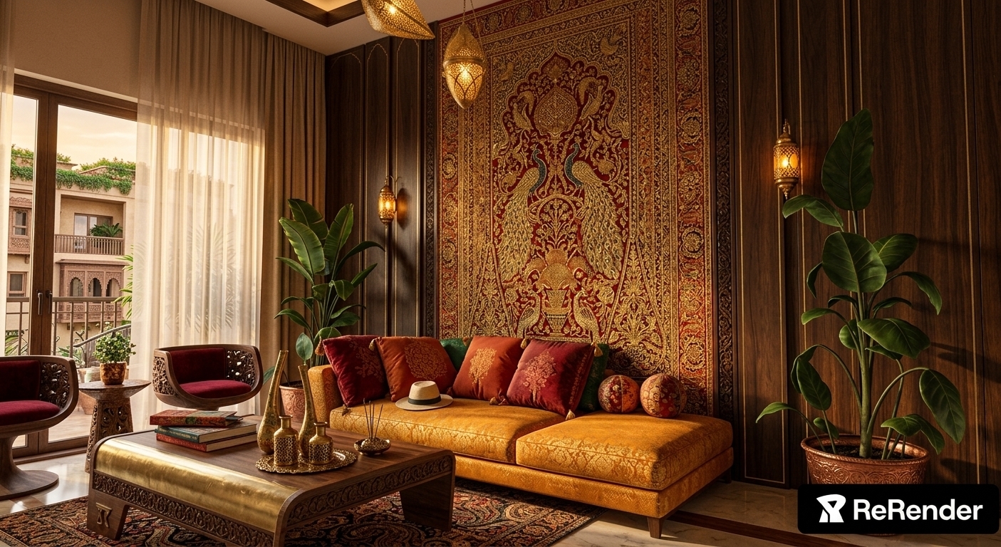 An incredibly lifelike, richly detailed, photorealistic wide-angle interior photograph of an opulent living room set in a luxurious residence celebrating the depth of Indian exuberance. The scene is illuminated by warm, golden-hour sunlight filtering through sheer, breezy drapes and complemented by the soft, amber-toned glow of brass wall sconces, creating a comforting, deeply spiritual, and vibrant atmosphere. Captured with a 35mm f/2.8 prime lens, emphasizing the rich, highly tactile textures of hand-woven fabrics, intricate carvings, and polished metallic accents, the space centers on a plush, low-profile sectional sofa in a rich marigold fabric draped with silk cushions in shades of crimson and burnt orange. Behind the sofa, the focal feature wall is adorned with a stunning, large-scale Indian textile wall art piece, shimmering with intricate gold zari embroidery that catches the light against a backdrop of deep crimson and spice tones. This central masterpiece is flanked by dark, hand-carved teakwood wall paneling accented with delicate brass inlay. In the foreground, an elegant coffee table made of carved wood and polished brass displays an array of adorned surfaces, featuring curated Indian-inspired decor, brass incense holders, and a stack of artistic photography books. Lush indoor plants, including a robust fiddle-leaf fig in an ornate, hand-beaten copper planter, stand dynamically in the corners, adding natural vitality to this intensely textured, opulent, and culturally rich sanctuary.