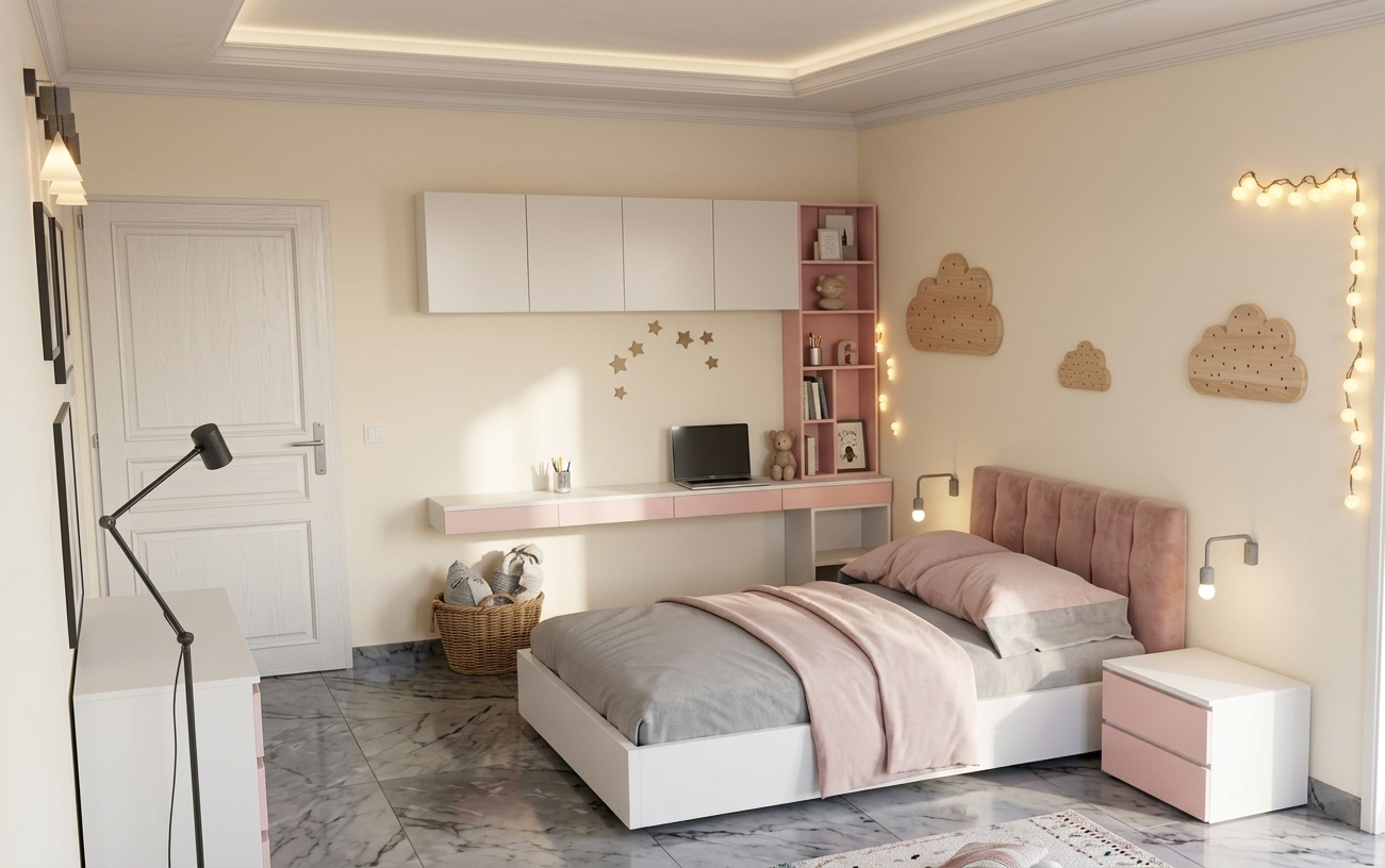 An incredibly lifelike, richly detailed, photorealistic wide-angle interior photograph of a cozy, minimalist youth bedroom suite set in a contemporary boutique hotel. The scene is illuminated by soft, diffused morning sunlight streaming from an off-screen window, accompanied by the warm, ambient glow of delicate string lights and sleek bedside reading lamps, creating a serene, comforting, and whimsical atmosphere. Captured with a professional high-resolution camera with a 24mm tilt-shift lens, emphasizing the velvety texture of the blush-pink upholstered headboard, the organic grain of the natural oak doors, and the polished sheen of the marble flooring, this minimalist haven balances clean lines with playful, comforting details. At the center of the room, a low-profile white platform bed is dressed in crisp grey and pink linens, flanked by a matching duo-tone bedside table. To the left, a sleek floating study desk of white and pastel pink laminate seamlessly integrates with upper storage cabinets and a vertical display shelf, home to a modern laptop and subtle decor. The warm cream walls are adorned with charming cloud-shaped pegboards and a cascading strand of warm-toned globe string lights, while a deep grey-veined marble tile floor runs underfoot, softly reflecting the balanced highlights and shadows of the tray ceiling above to complete a meticulously styled, high-end guest experience.