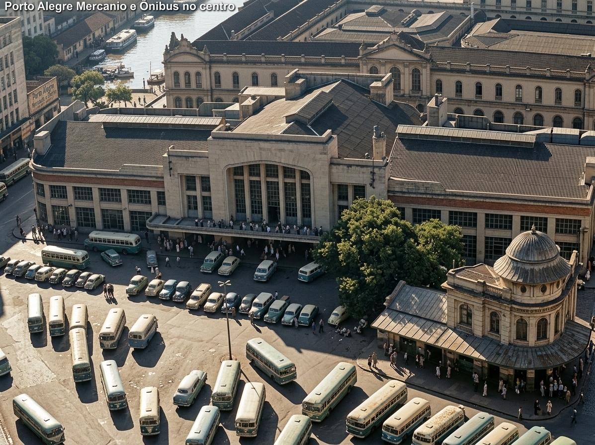 An incredibly lifelike, richly detailed, photorealistic high-angle aerial shot of a bustling 1950s urban bus terminal set in an expansive outdoor patio in front of a grand municipal market. The scene is illuminated by strong, directional morning sunlight casting long, dramatic shadows across the pavement, creating a nostalgic and bustling atmosphere. Captured with a medium format camera and a sharp 50mm lens, emphasizing the smooth, rounded metal structures of the vintage buses, the weathered asphalt of the station yard, and the intricate neoclassical architectural facades, this stunning urban photo functions as a high-fidelity render of the historical "TERMINAL DE ONIBUS - 1950". A vibrant travelers trove of passengers and pedestrians mill about the busy outdoor patio plazas, while dozens of beautifully rendered, retro-style passenger buses are parked in neat, angled columns across the terminal floor. In the background, the imposing grand terminal building dominates the landscape with its clean art-deco styling and large gridded windows, anchored on the right by a charming, detailed circular pavilion with a classic domed roof.