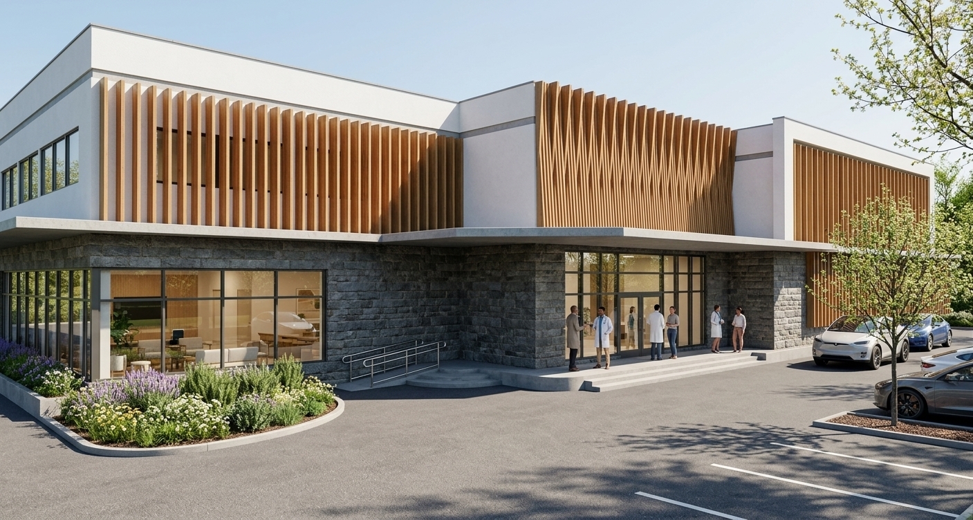 An incredibly lifelike, richly detailed, photorealistic wide-angle architectural exterior shot of a modern wellness clinic complex set in a lush, landscaped suburban garden. The scene is illuminated by the bright, overhead sunlight of a clear, warm spring midday, creating a serene, welcoming, and healing atmosphere. Captured with a professional 24mm tilt-shift lens, emphasizing the rich contrast between the rough, dark grey-toned basalt brick masonry on the ground level and the smooth, crisp white stucco upper facade, accented by warm, natural teak wood vertical louvers that filter the sunlight. The main entrance, sheltered by a sleek concrete canopy, features polished glass double doors where diverse people—including healthcare professionals in clean lab coats and visiting patients—genially converse as they enter. To the left, a integrated planter is overflowing with vibrant herbal plants like lavender, rosemary, and chamomile, casting delicate shadows against the heavy stone walls. In the foreground, a spotless asphalt driveway and parking lot host a selection of modern electric vehicles parked neatly in their bays under the light shade of budding spring trees. Looking through the expansive, pristine glass windows on the left, an inviting interior waiting area is visible, designed as a minimalist haven that houses a state-of-the-art gaming room and lounge for patients, featuring clean-lined Scandinavian furniture and warm ambient lighting. The composition beautifully balances the geometric, minimalist lines of the architecture with the organic textures of the surrounding greenery, capturing a harmonious, high-end healing environment.