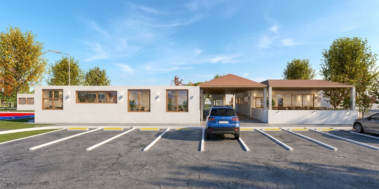 A professional daytime architectural photograph of the modern building complex captured during a bright spring midday, replacing the black night sky with a vibrant, clear blue spring sky with a few soft, wispy clouds. The high, bright overhead sun casts crisp, defined, and short shadows from the vehicles and structure onto the detailed, textured asphalt parking lot. The white stucco walls of the building exhibit a realistic, slightly coarse matte plaster texture that catches the brilliant daylight, while the wooden window frames and columns show natural, fine wood grain under a soft satin finish. The glass windows feature realistic, sharp reflections of the bright blue sky and the surrounding lush spring trees. The blue SUV in the center and the silver car on the right show glossy car paint with realistic metallic flakes, clear reflections in their glass, and detailed rubber tires resting on the pavement. The outdoor wall sconces and street lamp are off, with the interior spaces naturally lit by the bright daylight pouring through the glass. Captured with a sharp wide-angle lens, the image displays rich color saturation, lifelike micro-textures on every surface, and a subtle, natural vignette that enhances the authentic photographic quality.