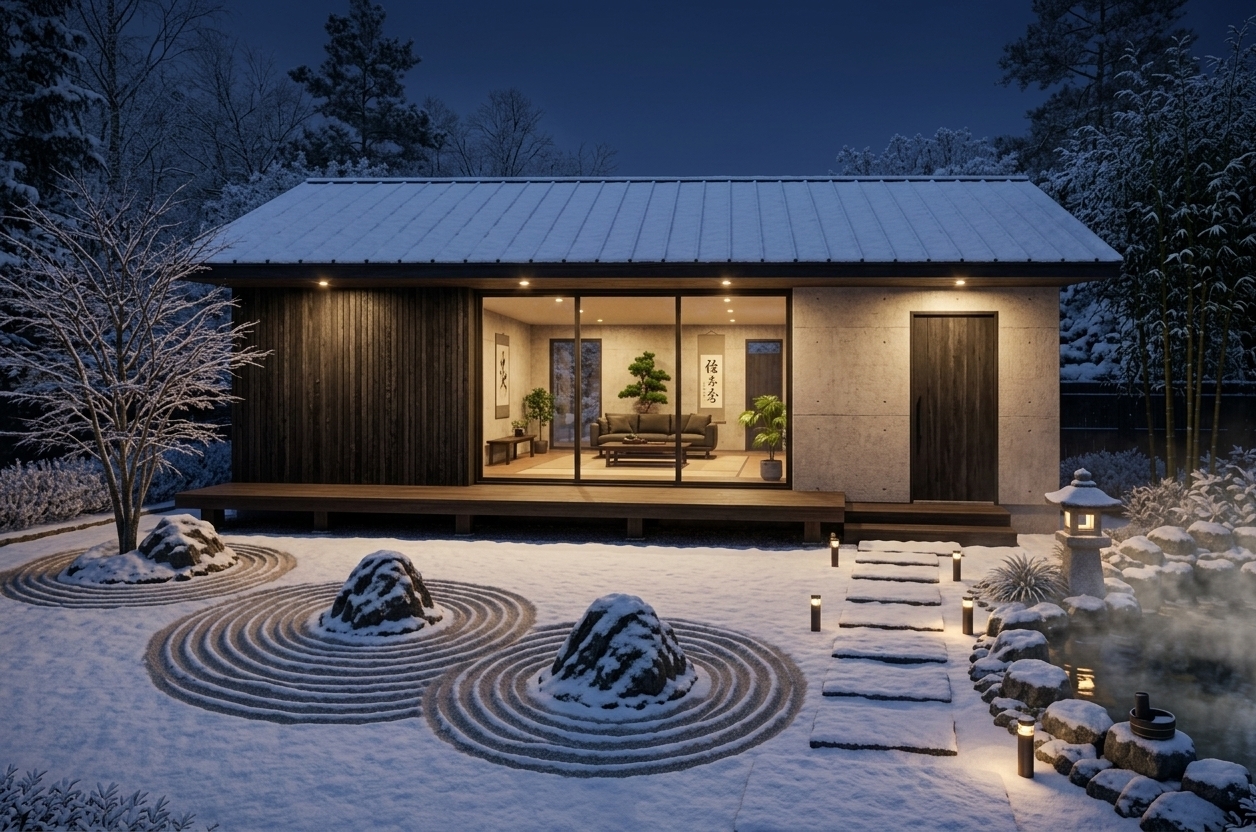 An incredibly lifelike, richly detailed, photorealistic wide-angle architectural shot of a minimalist Japanese Zen pavilion and adjacent steaming onsen set in a quiet, snowy forest environment during a serene winter night. The scene is illuminated by the soft, warm golden glow from the pavilion’s interior spotlights and subtle landscape pathway lighting, creating a tranquil, deeply meditative wabi-sabi atmosphere. Captured with a medium-format camera and a 35mm lens, emphasizing the crisp texture of fresh snow on the dark standing-seam metal roof, the rough grain of charcoal-stained cedar cladding, and the ethereal plumes of warm mist rising from the natural basalt-stone hot-spring pool. The meticulously raked gravel of the Zen garden is partially blanketed in a delicate layer of powdery white snow, framing mossy boulders and the elegant, bare branches of a winter maple. Through the expansive glass sliding doors, the beautifully uncluttered interior is visible, showcasing low-profile dark oak furniture, natural green indoor plants, and an elegant Japanese calligraphy silk scroll gracing the neutral, textured concrete wall, embodying a balanced, simple, and harmonious traditional aesthetic.