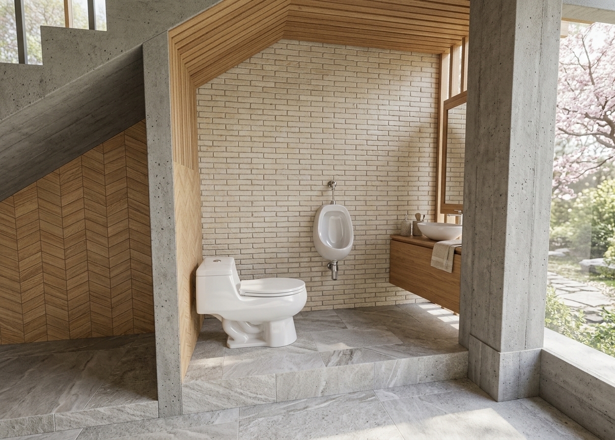 An incredibly lifelike, richly detailed, photorealistic interior photo of a minimalist haven hotel bathroom tucked beneath a concrete staircase, set in a tranquil spring setting. The scene is illuminated by clean, bright midday light casting soft, natural shadows, creating a serene and functional atmosphere. Captured with a professional 35mm architectural camera, emphasizing key textures and details such as the warm, tactile wooden slats lining the sloped ceiling, the rustic cream brick-tiled wall, and the high-gloss finish of the sanitary ware. Within this uncluttered space, a sleek, modern white ceramic toilet stands next to a contemporary wall-hung urinal, while a floating wood-veneer vanity with a minimalist white vessel sink anchors the corner, topped with subtle soap dispensers on its clutter-free surface. The surrounding walls blend shades of white, gray, and warm wood tones, beautifully framed by a structural concrete support beam that defines the architectural layout of this elegant, zen-inspired design, suitable for a premium architectural photography book.